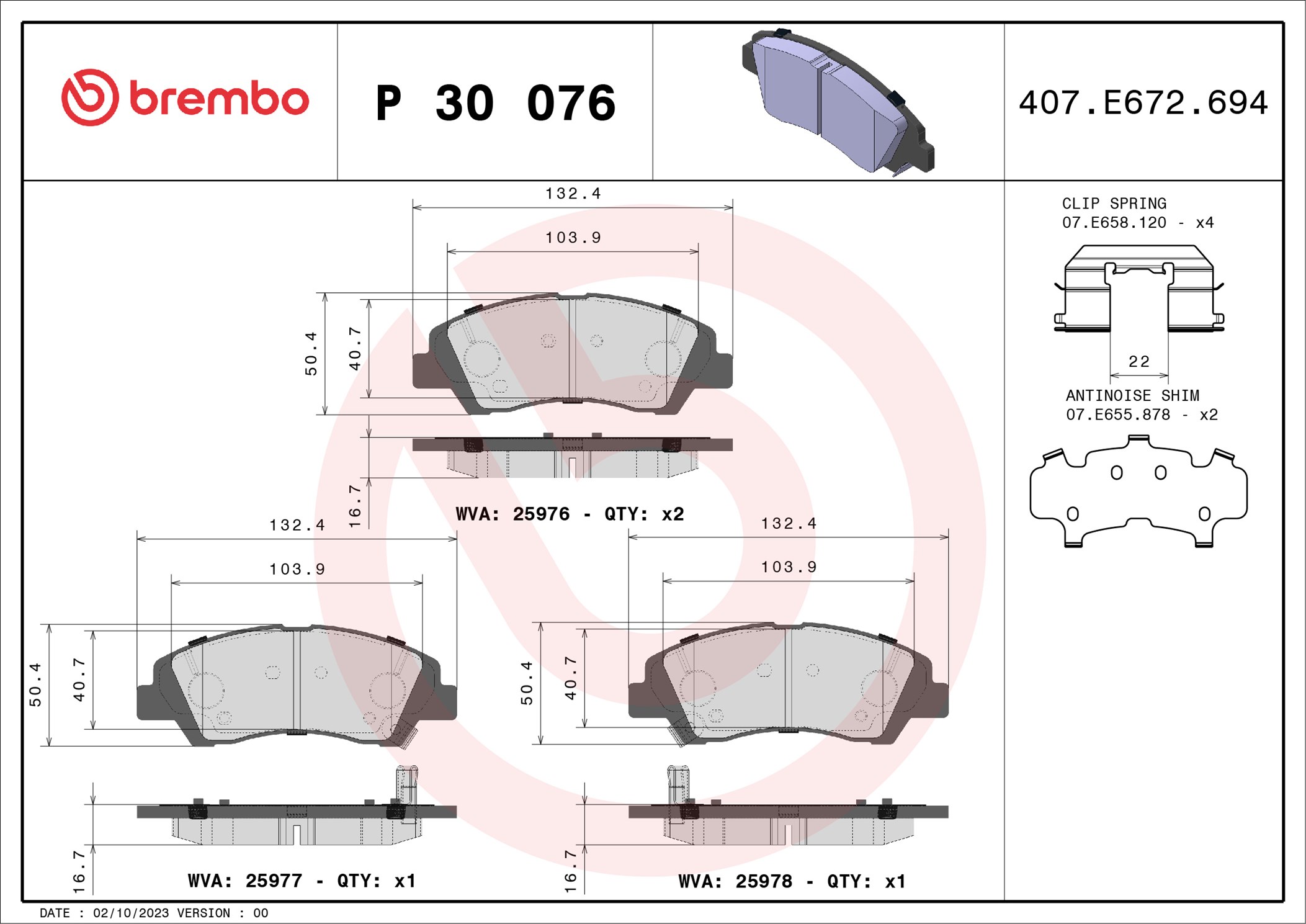 Jogo de 4 pastilhas de travão BREMBO ref. P 30 076