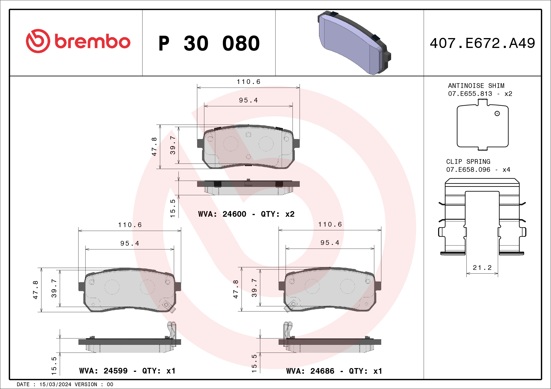 Jeu de 4 plaquettes de frein BREMBO P 30 080
