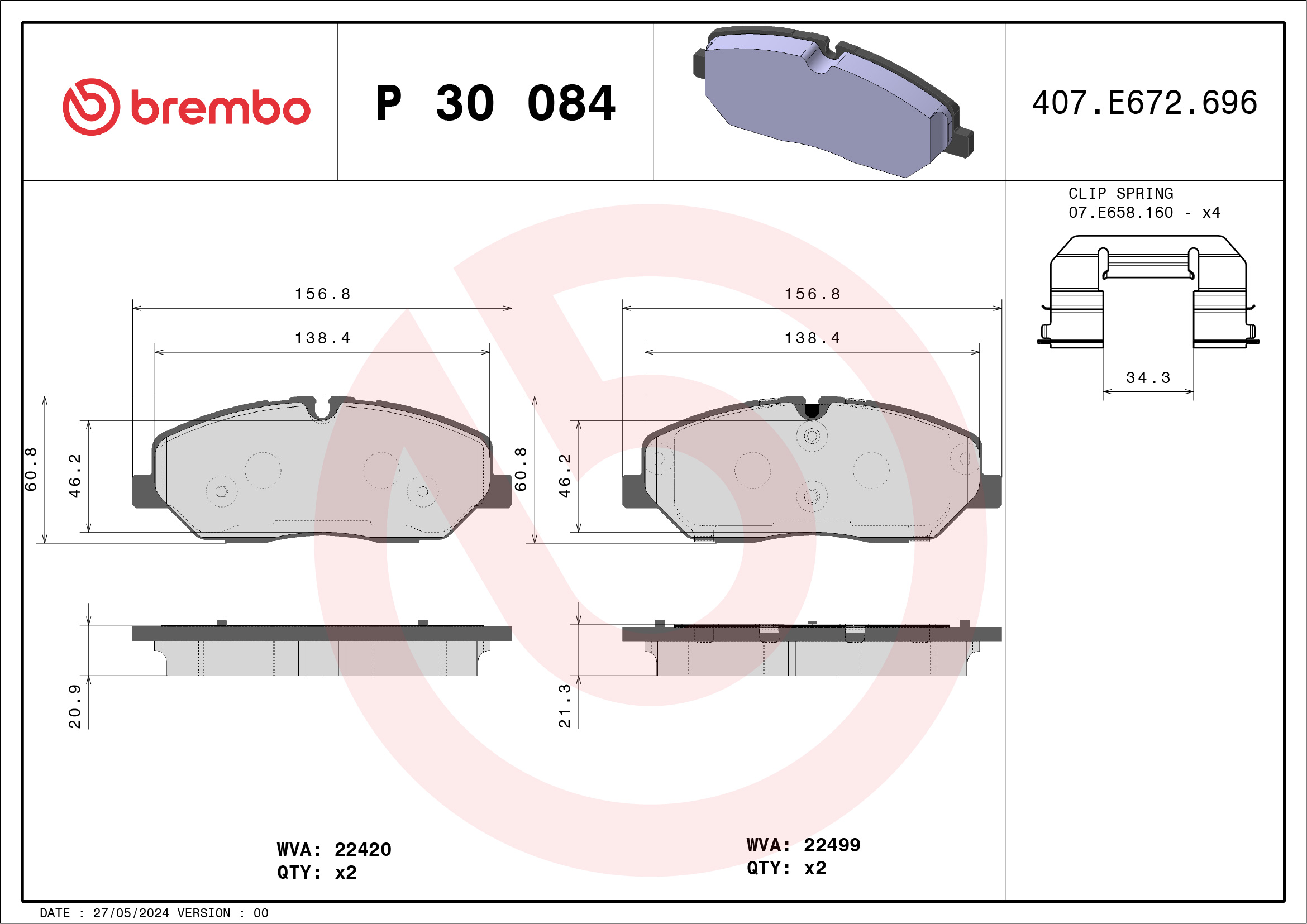 Jeu de 4 plaquettes de frein BREMBO ref. P 30 084