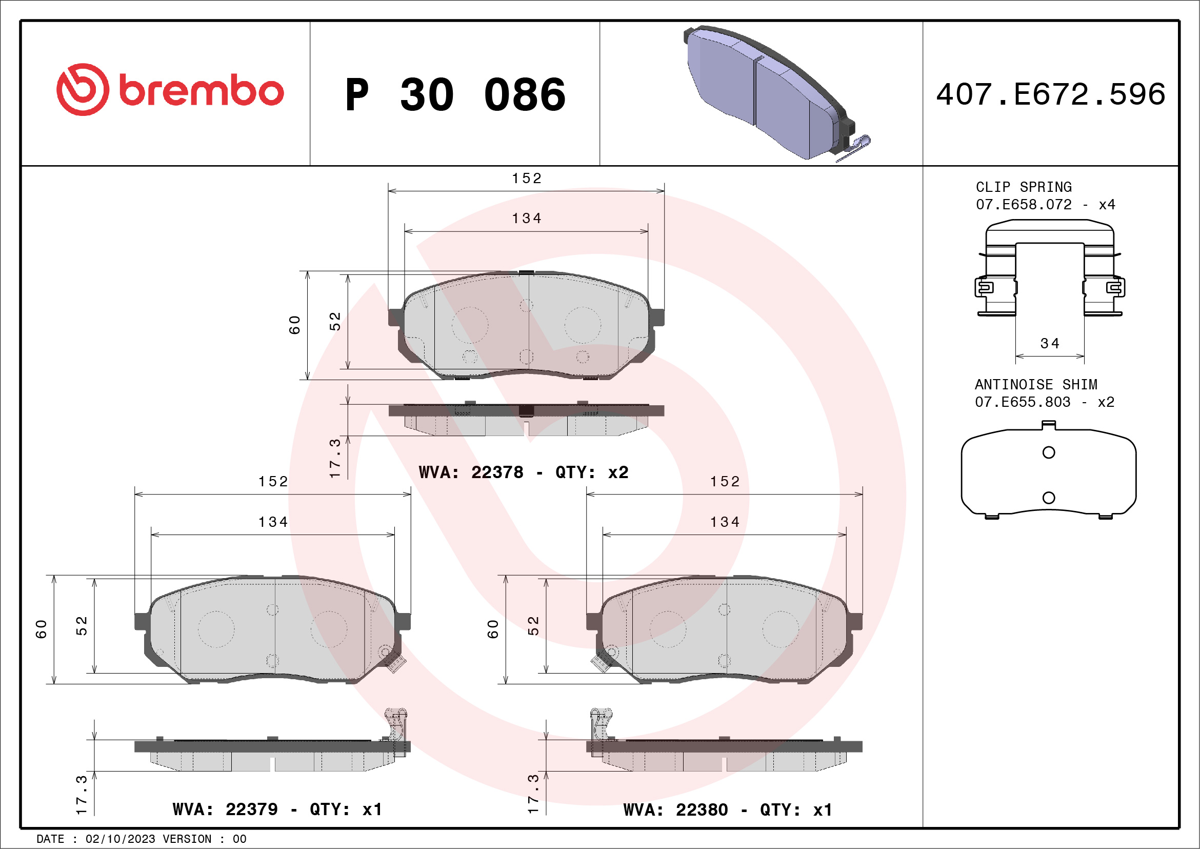 Jogo de 4 pastilhas de travão BREMBO ref. P 30 086