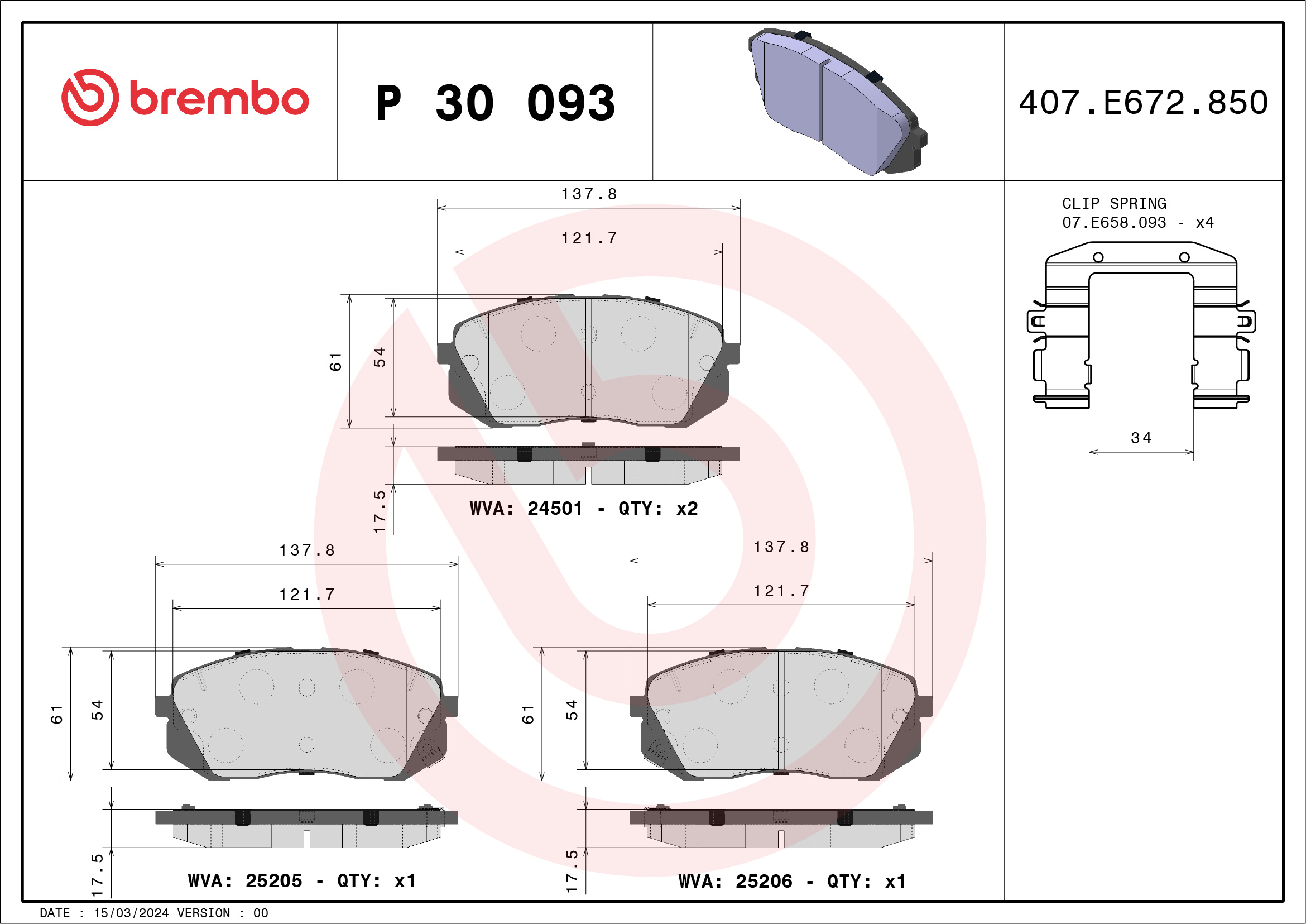 Jogo de 4 pastilhas de travão BREMBO ref. P 30 093