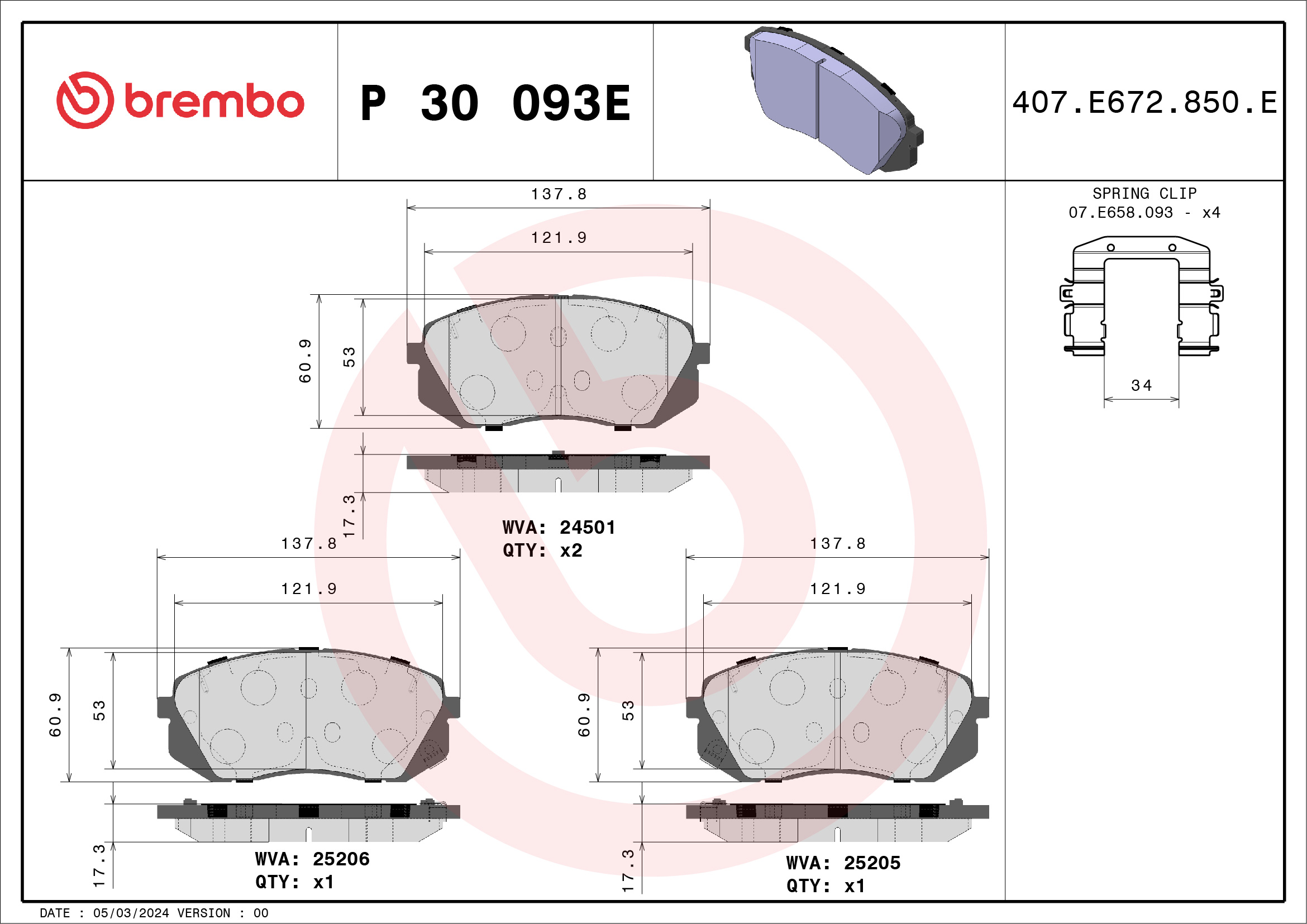 Jeu de 4 plaquettes de frein BREMBO ref. P 30 093E