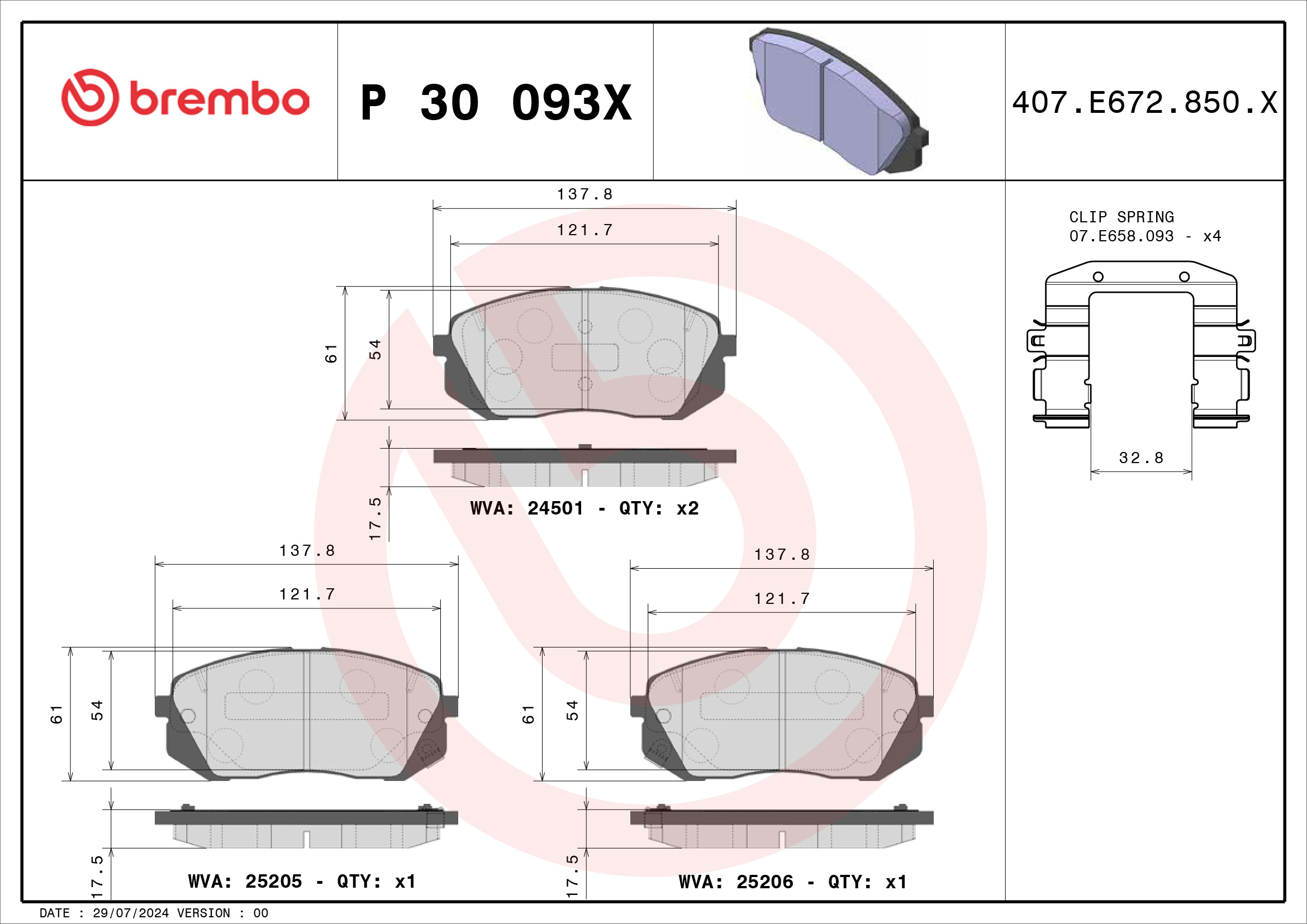 Jeu de 4 plaquettes de frein BREMBO ref. P 30 093X
