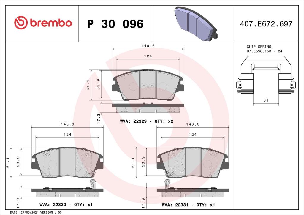 Jogo de 4 pastilhas de travão BREMBO ref. P 30 096