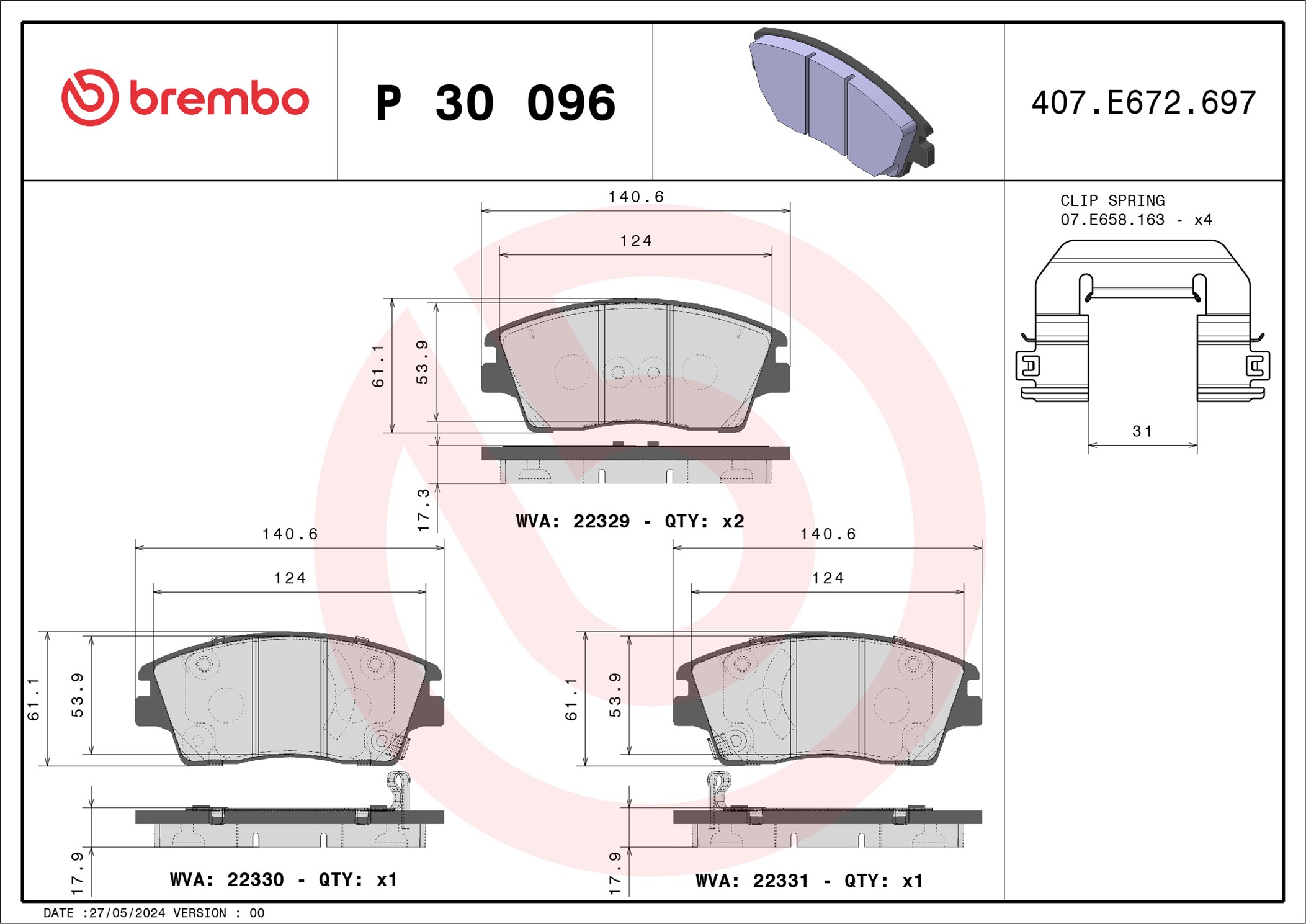 Jogo de 4 pastilhas de travão BREMBO ref. P 30 096