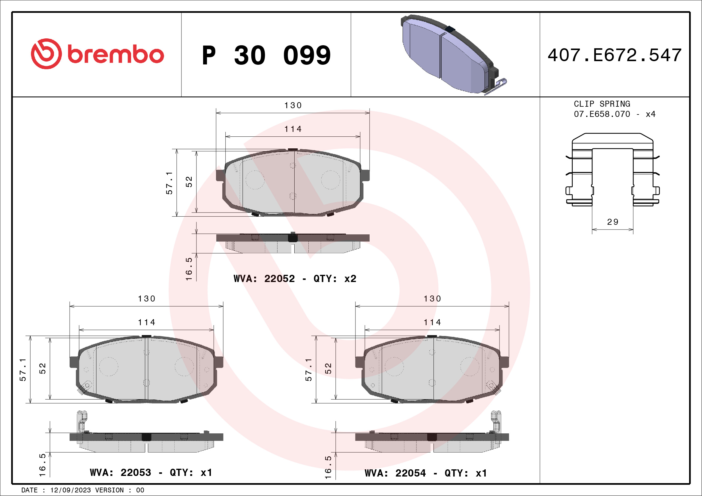 Jeu de 4 plaquettes de frein BREMBO ref. P 30 099
