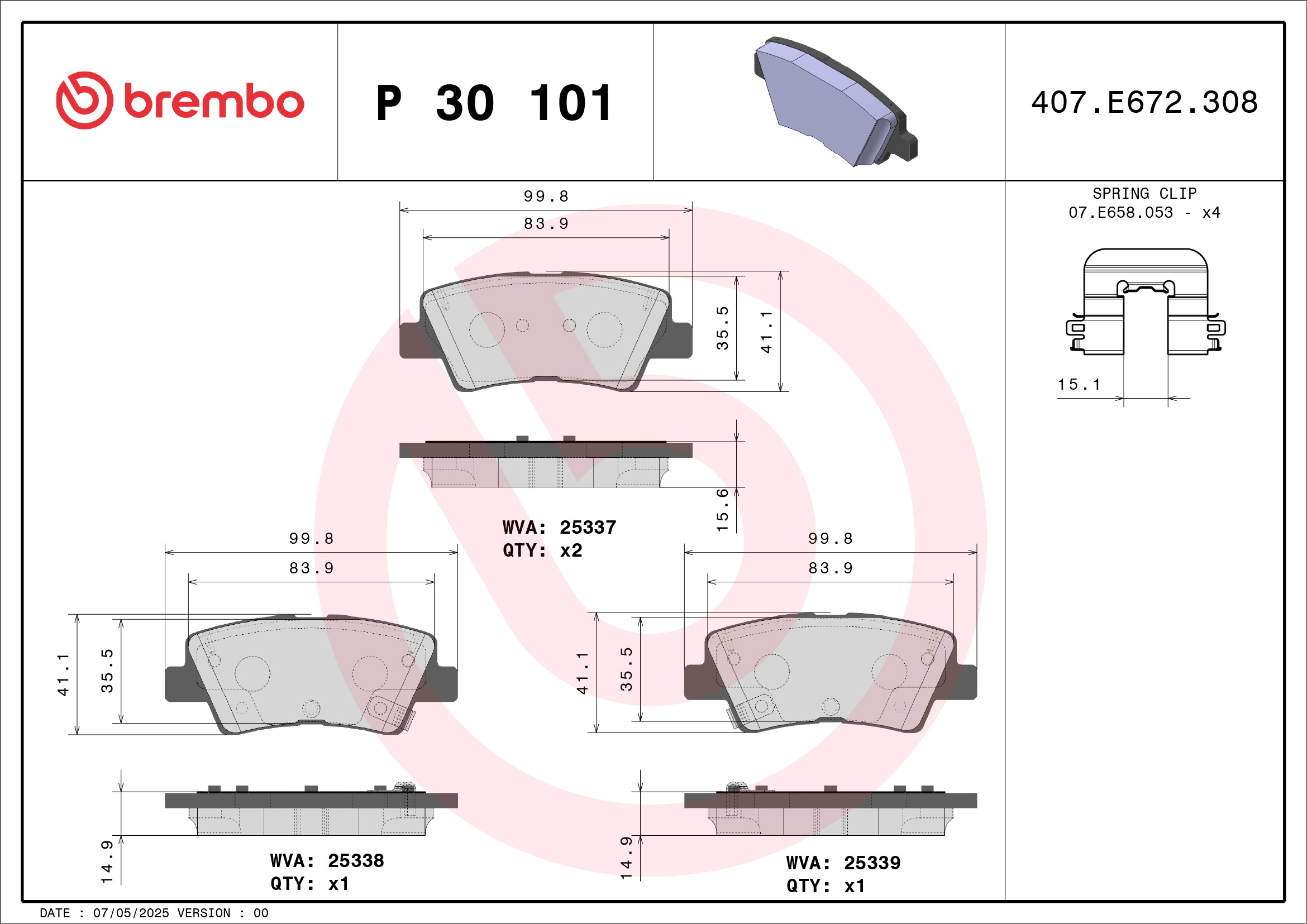 Jeu de 4 plaquettes de frein BREMBO ref. P 30 101