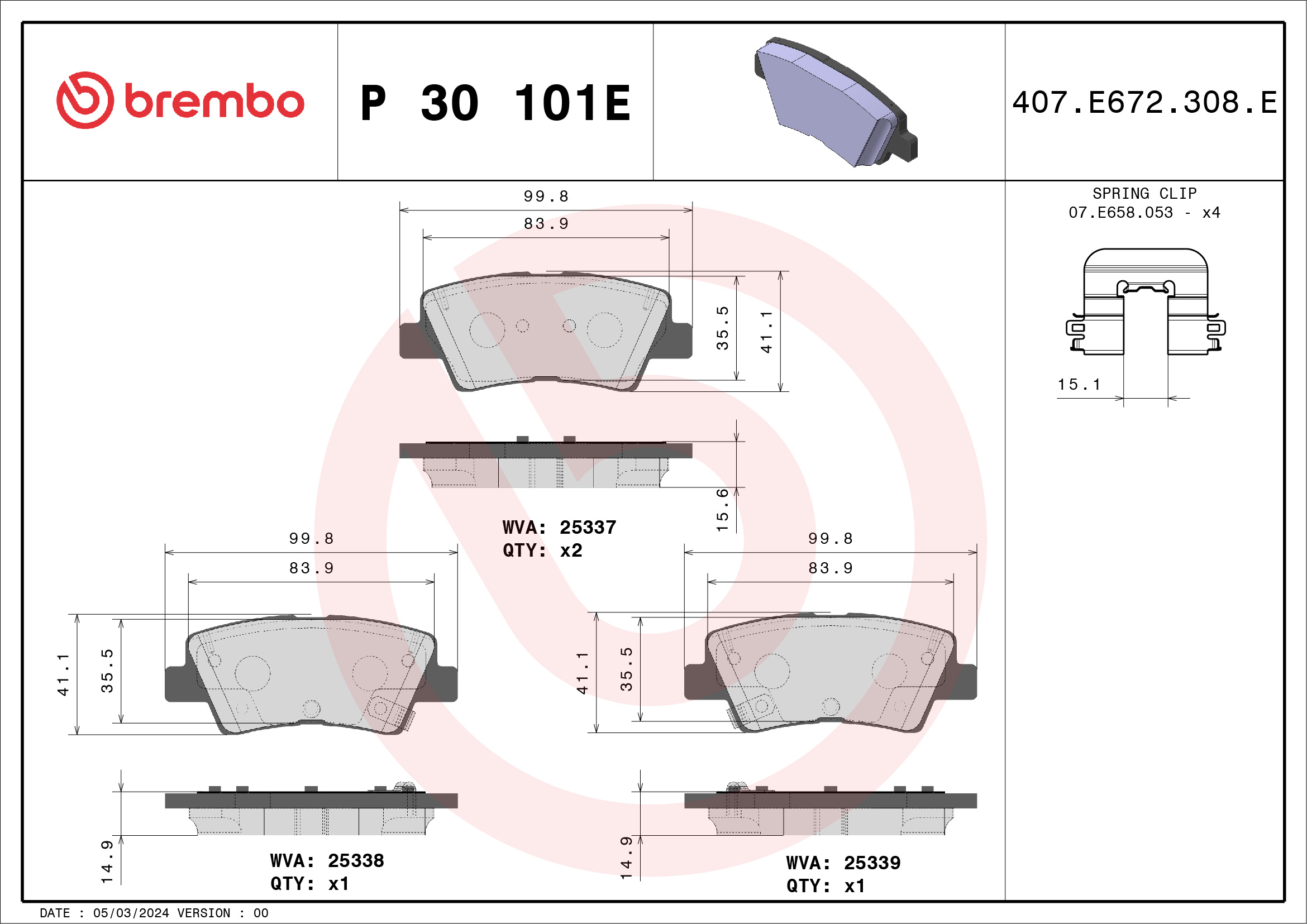 Jogo de 4 pastilhas de travão BREMBO ref. P 30 101E