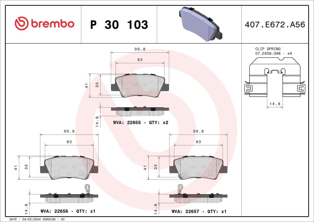 Jogo de 4 pastilhas de travão BREMBO ref. P 30 103