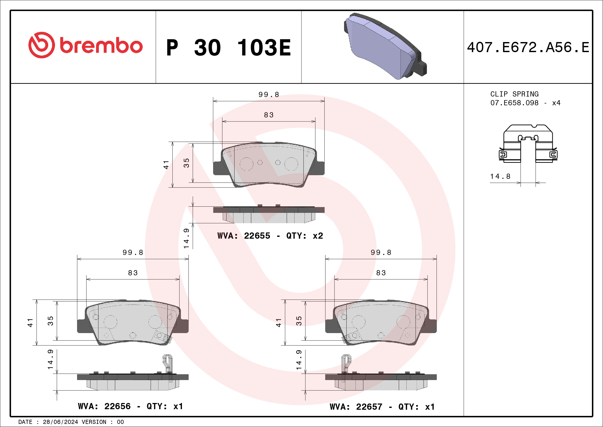 Jeu de 4 plaquettes de frein BREMBO ref. P 30 103E