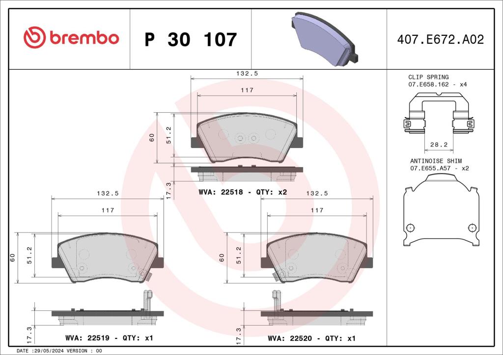 Jogo de 4 pastilhas de travão BREMBO ref. P 30 107