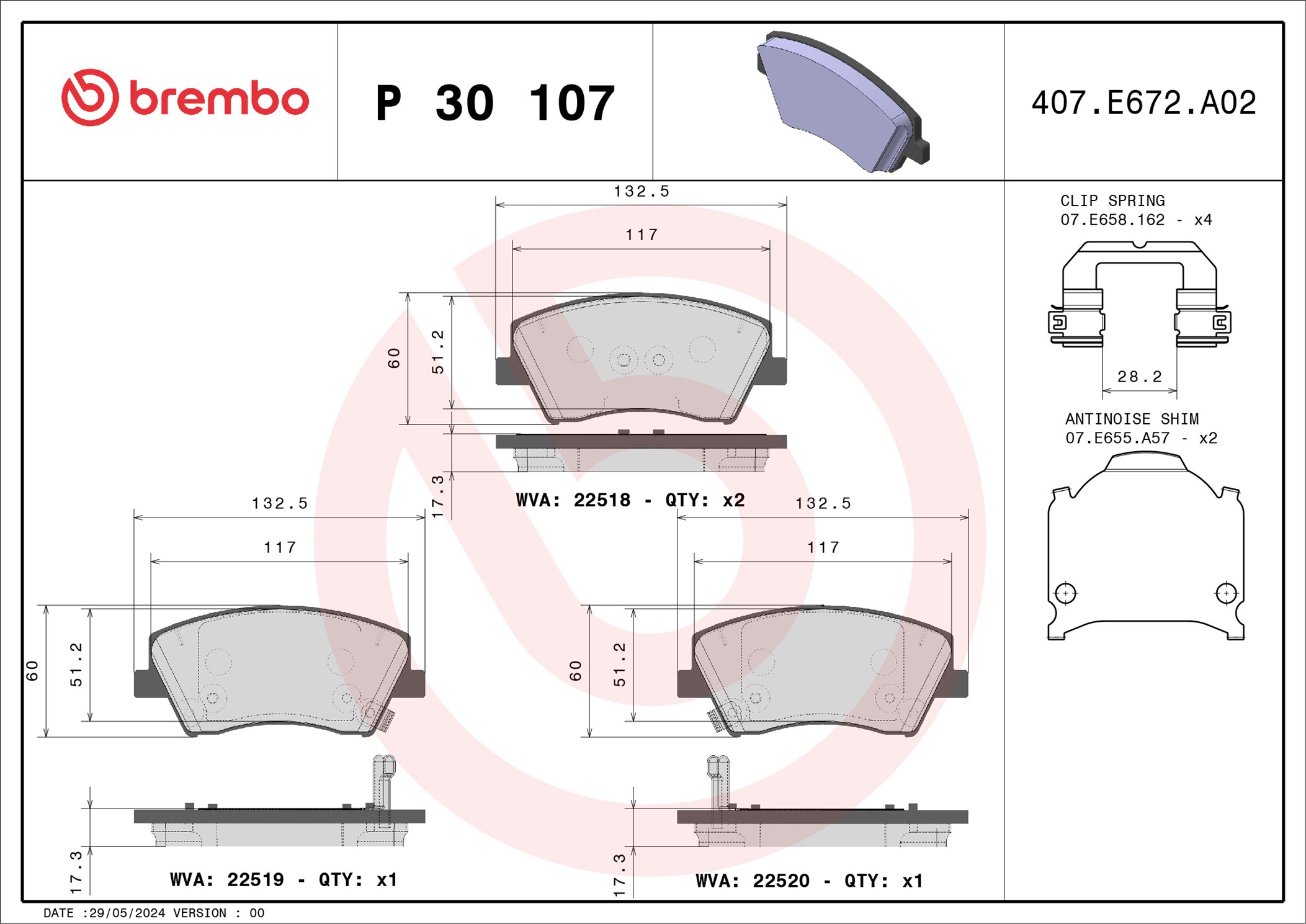 Jogo de 4 pastilhas de travão BREMBO ref. P 30 107