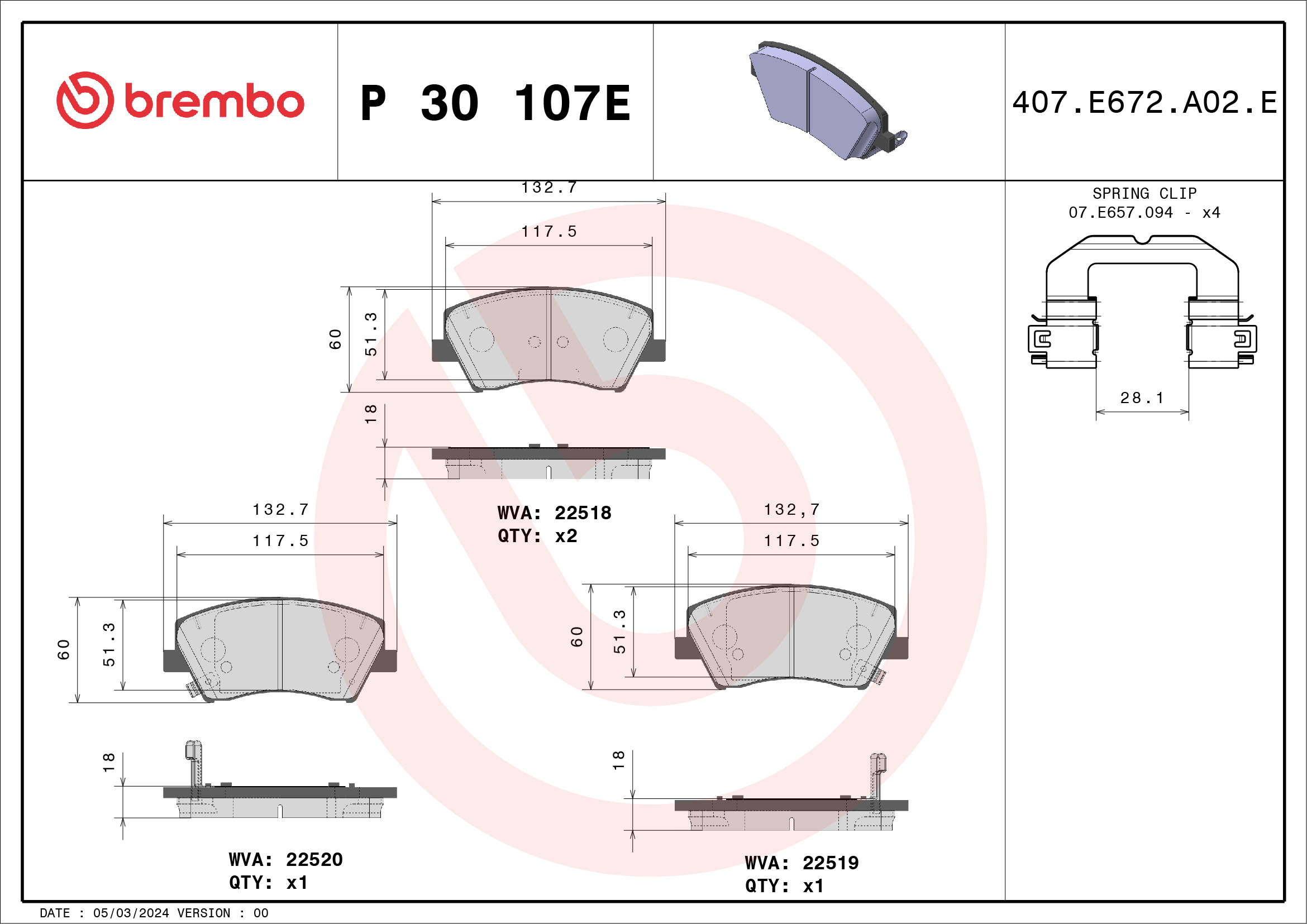 Jeu de 4 plaquettes de frein BREMBO ref. P 30 107E