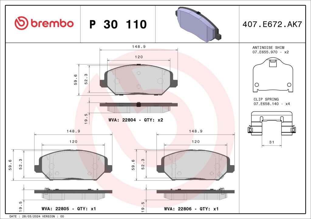 Jogo de 4 pastilhas de travão BREMBO ref. P 30 110