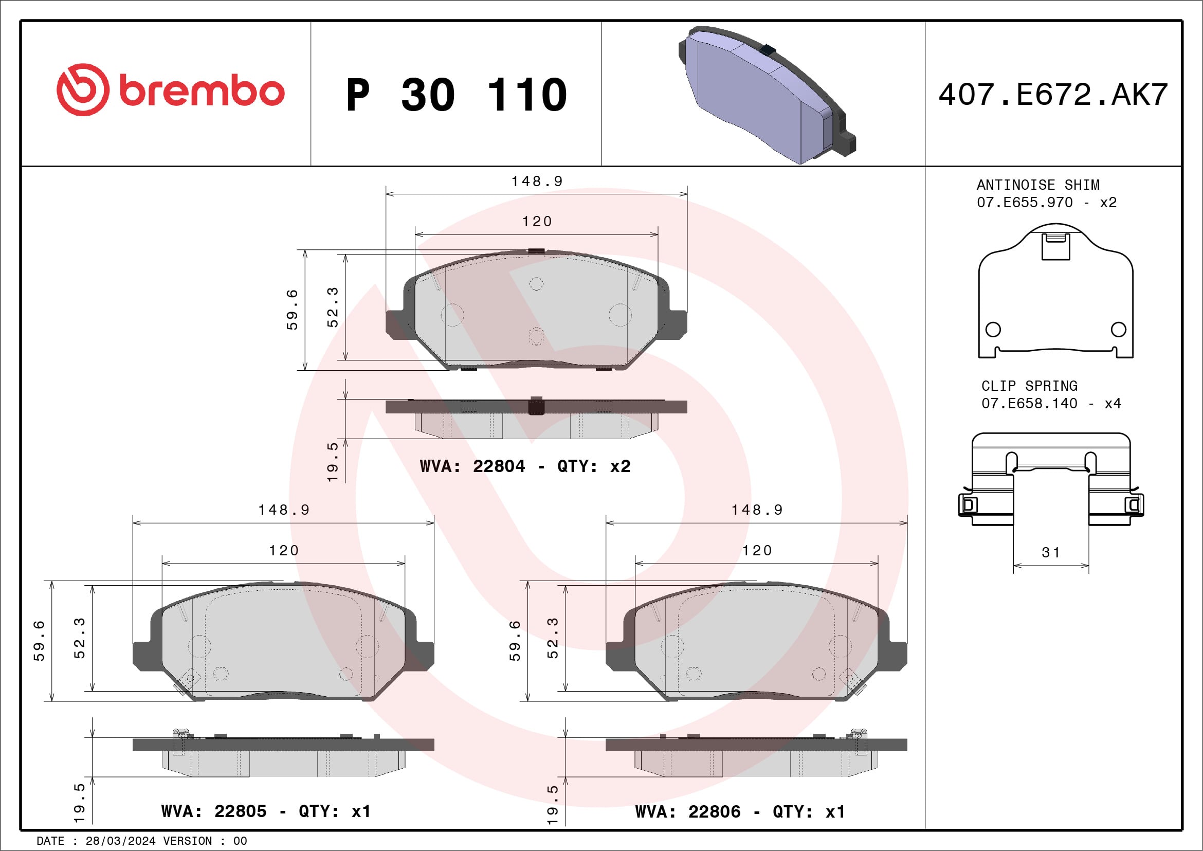 Jogo de 4 pastilhas de travão BREMBO ref. P 30 110