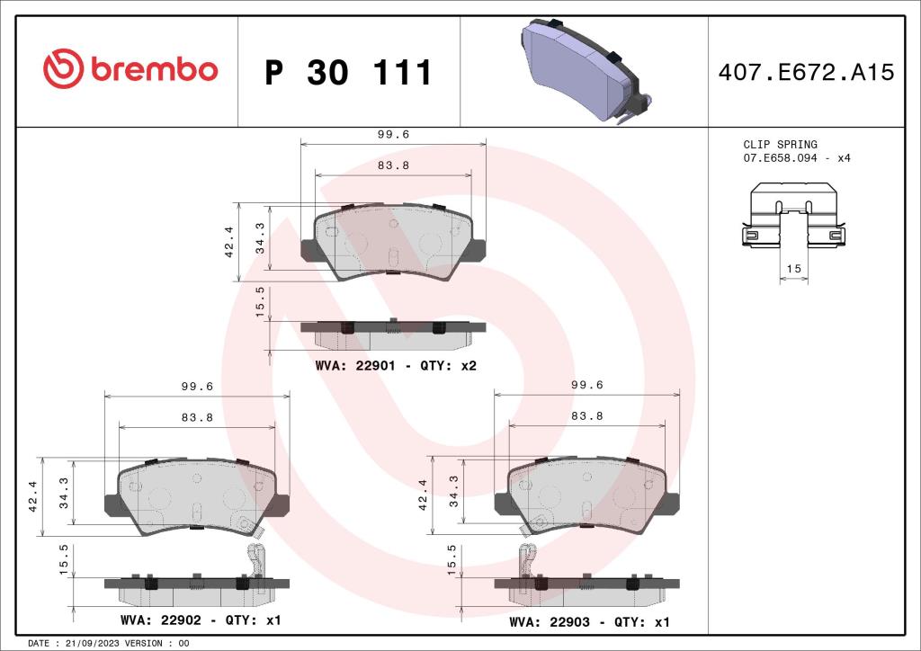 Jogo de 4 pastilhas de travão BREMBO ref. P 30 111