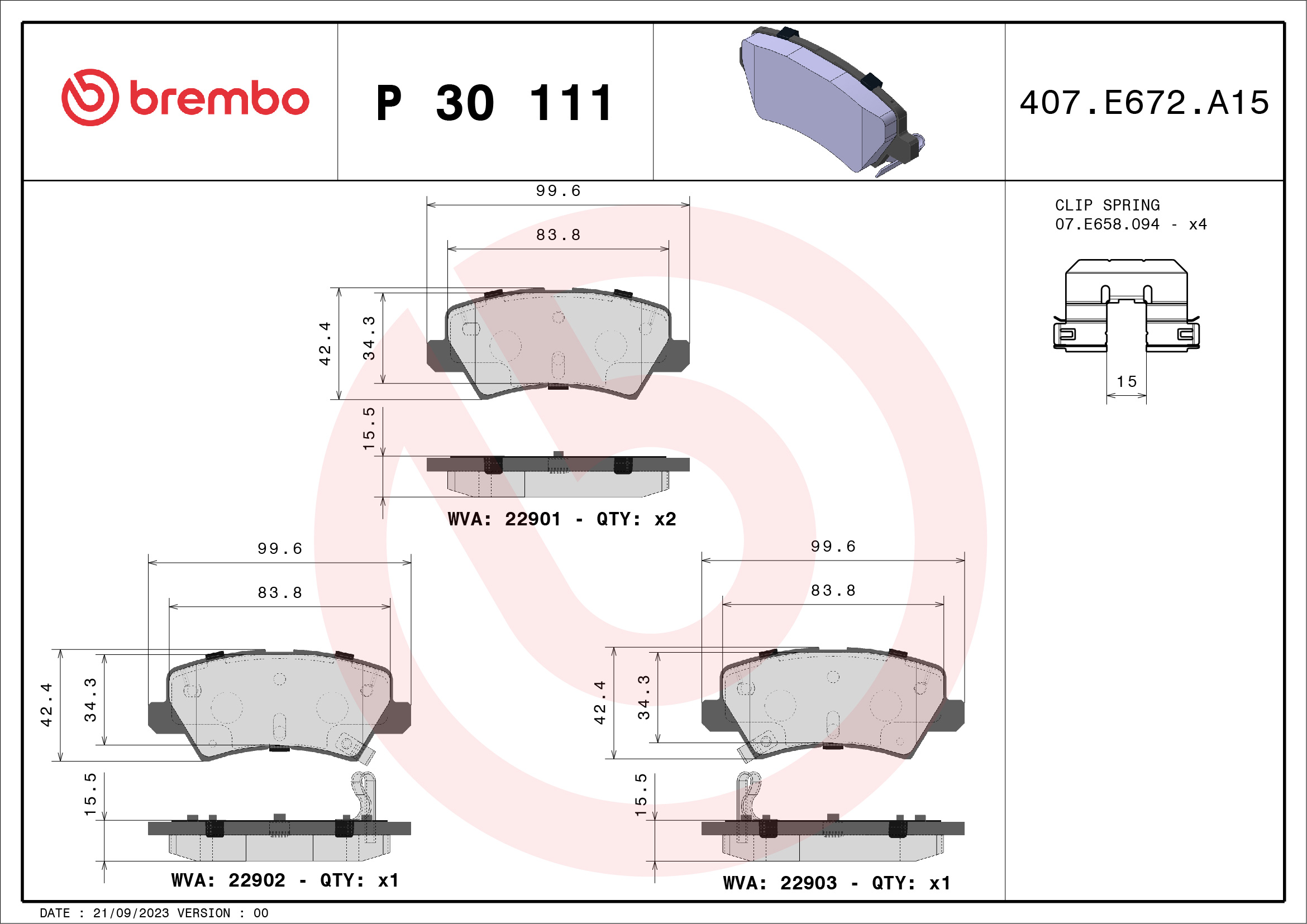 Jogo de 4 pastilhas de travão BREMBO ref. P 30 111