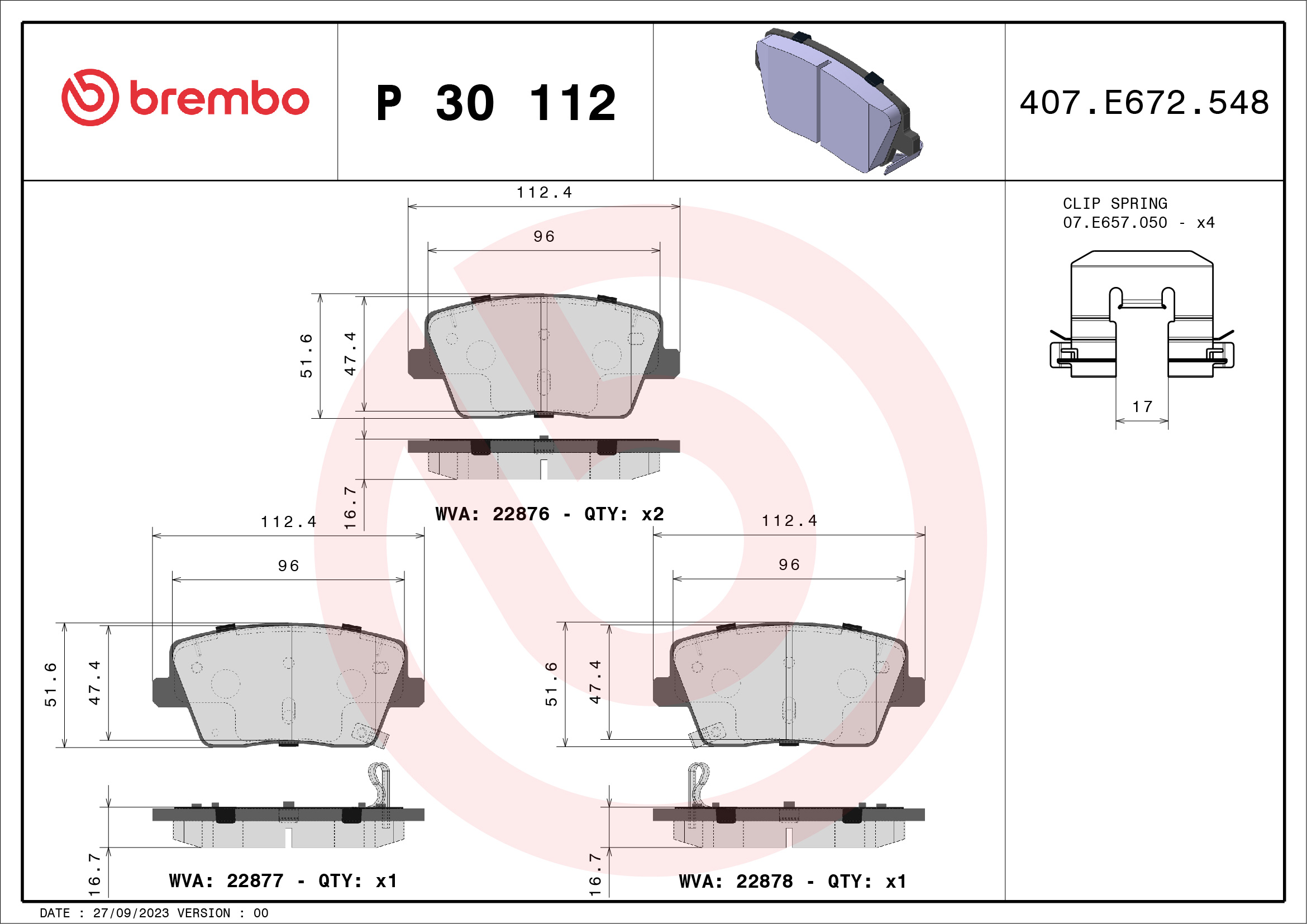 Jogo de 4 pastilhas de travão BREMBO ref. P 30 112