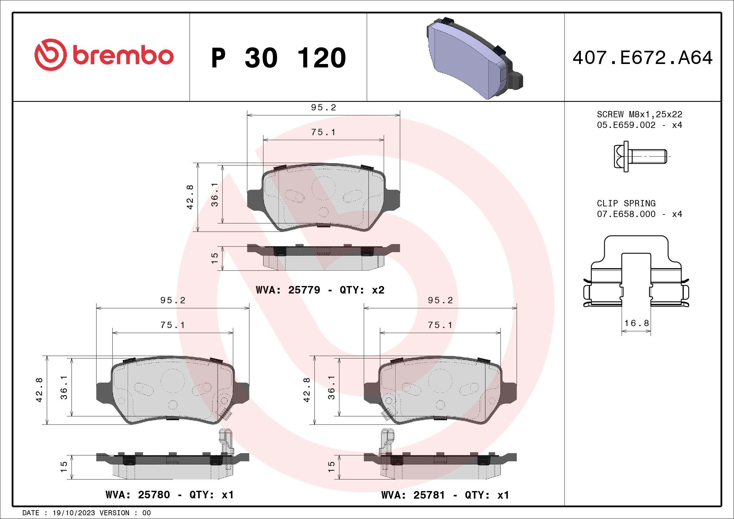 Jogo de 4 pastilhas de travão BREMBO ref. P 30 120