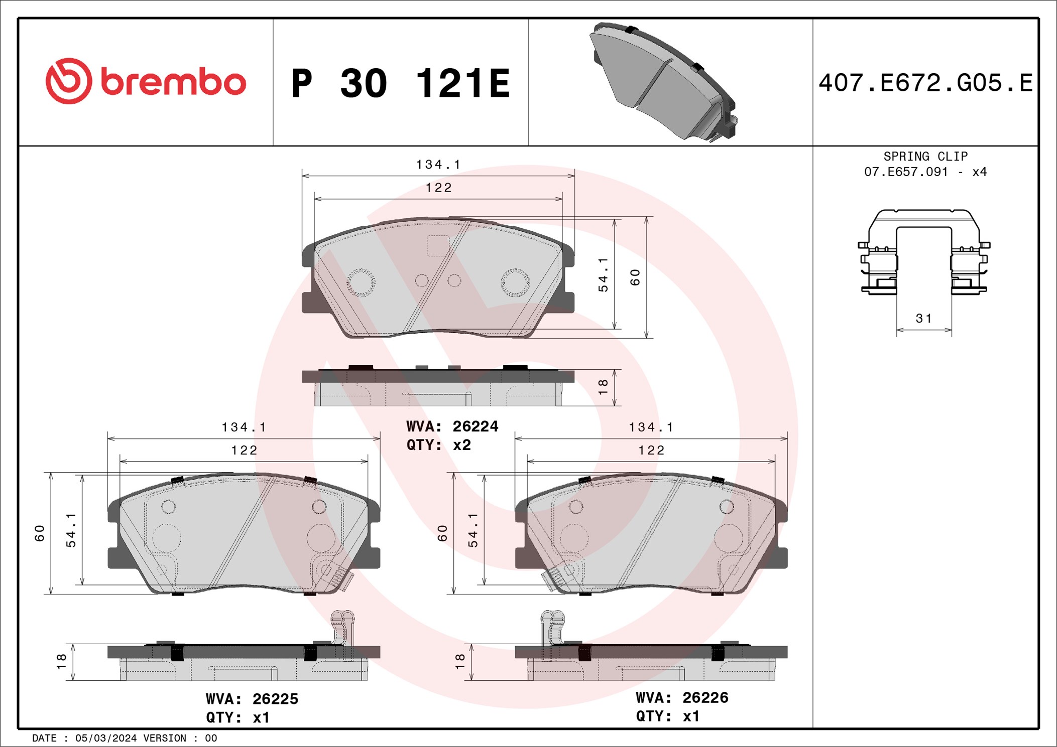 Jeu de 4 plaquettes de frein BREMBO ref. P 30 121E
