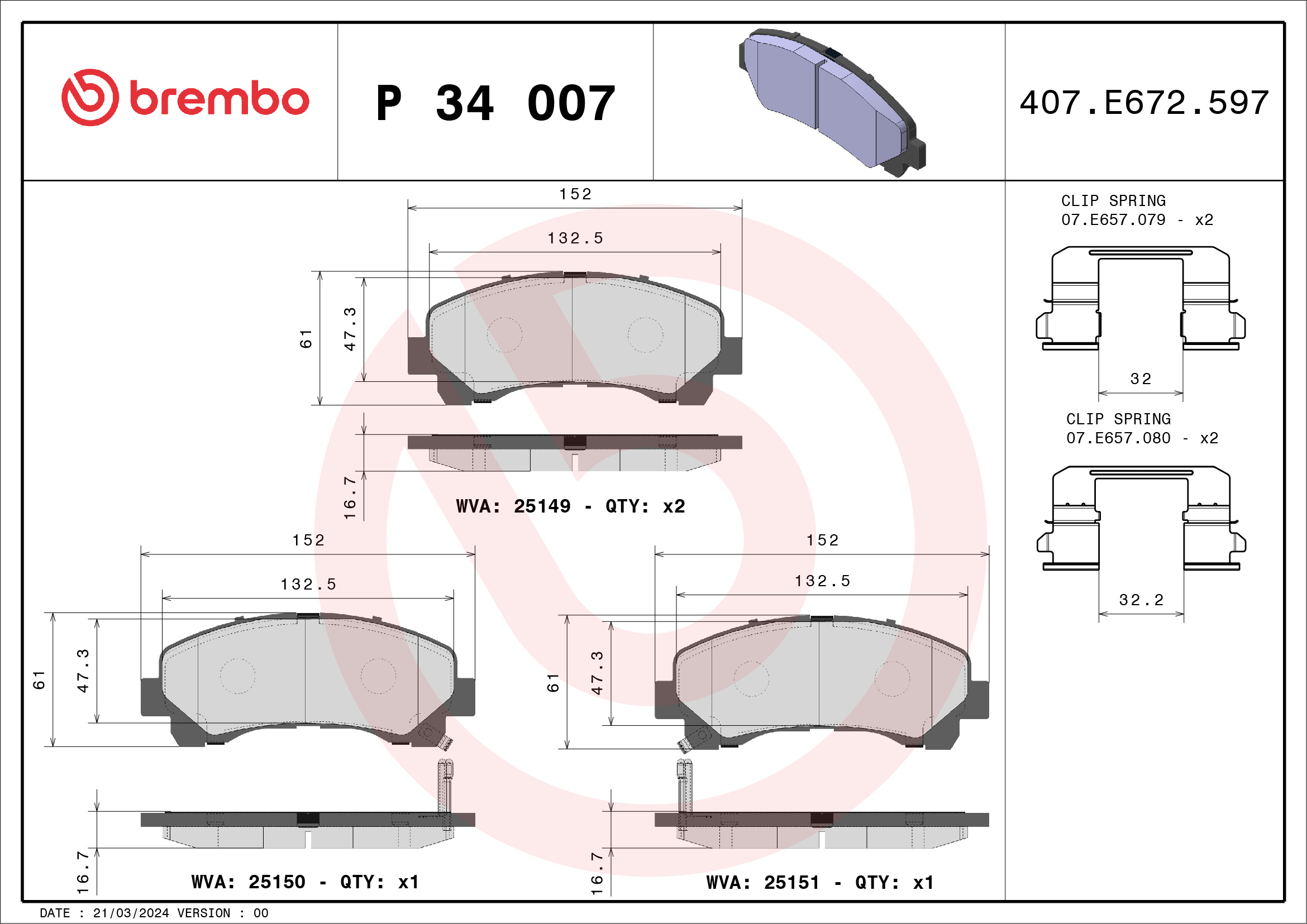 Jogo de 4 pastilhas de travão BREMBO ref. P 34 007