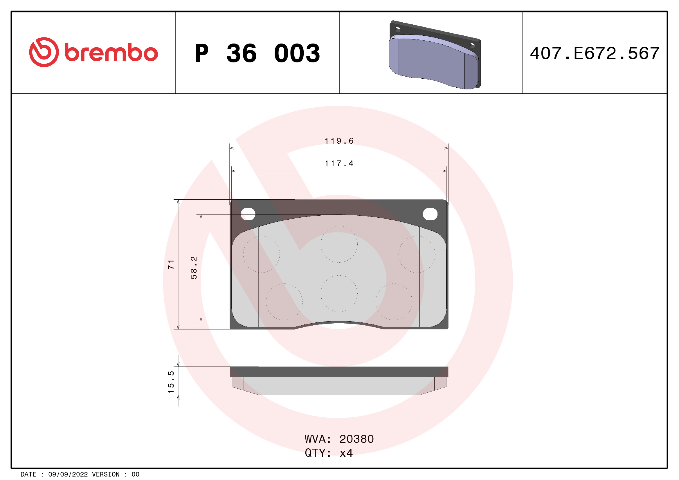 Jogo de 4 pastilhas de travão BREMBO ref. P 36 003