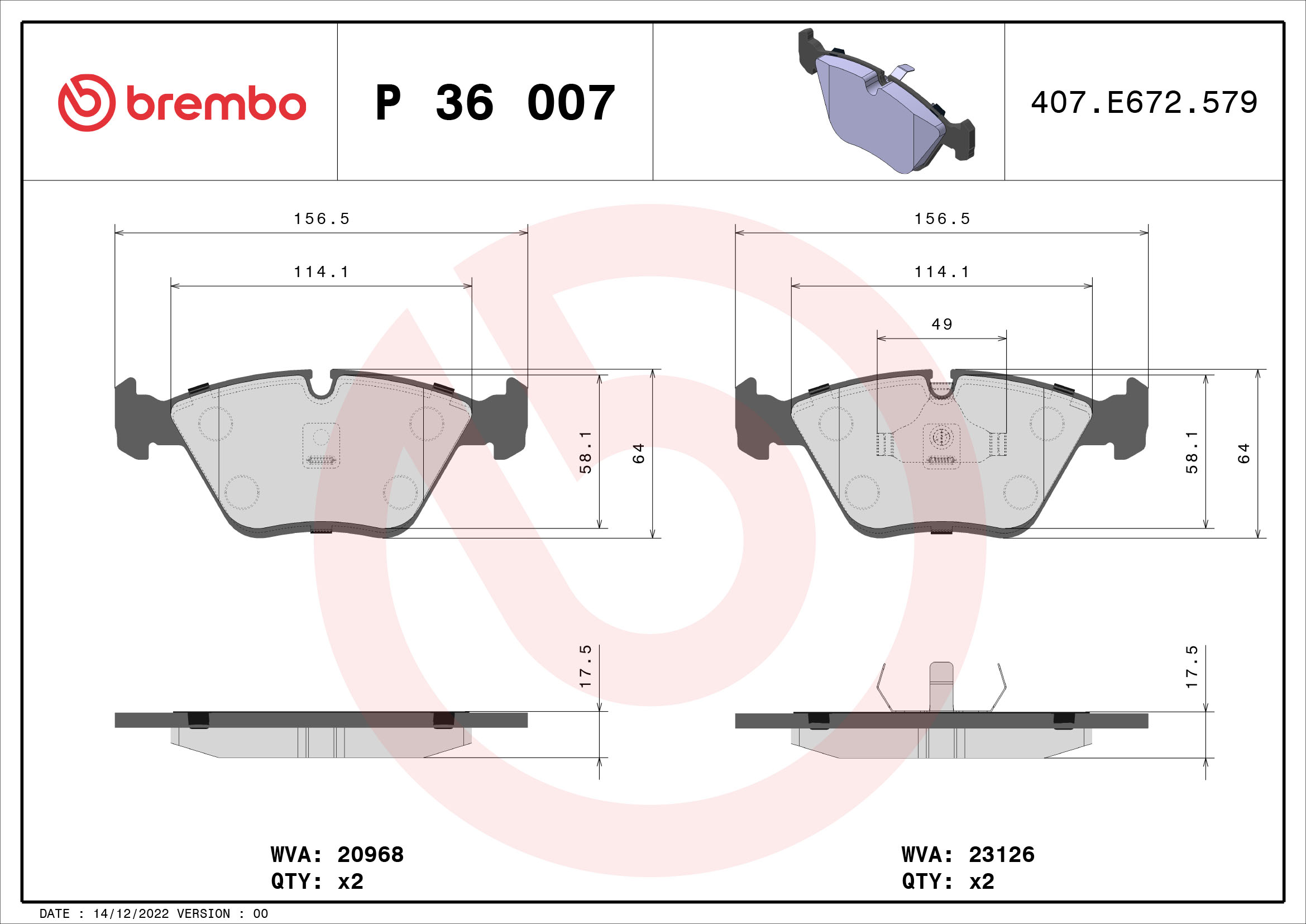Jogo de 4 pastilhas de travão BREMBO ref. P 36 007
