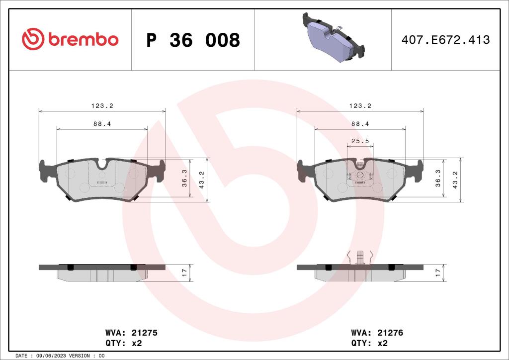 Jogo de 4 pastilhas de travão BREMBO ref. P 36 008