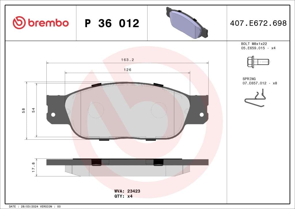 Jogo de 4 pastilhas de travão BREMBO ref. P 36 012