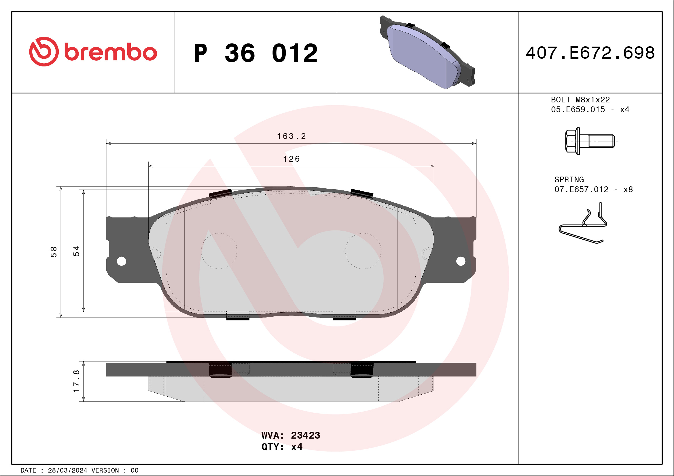Jogo de 4 pastilhas de travão BREMBO ref. P 36 012