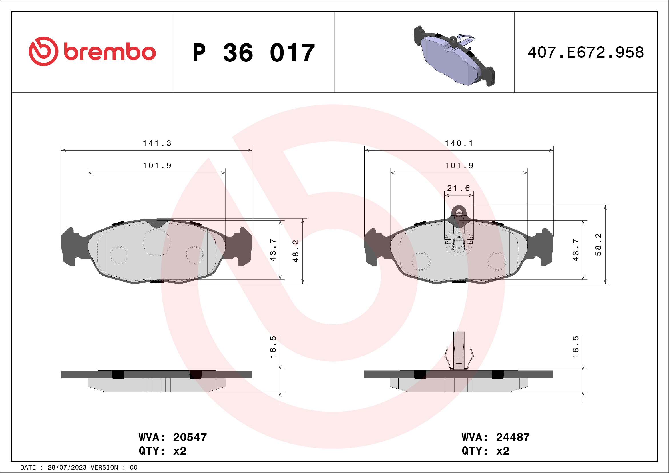 Jeu de 4 plaquettes de frein BREMBO ref. P 36 017
