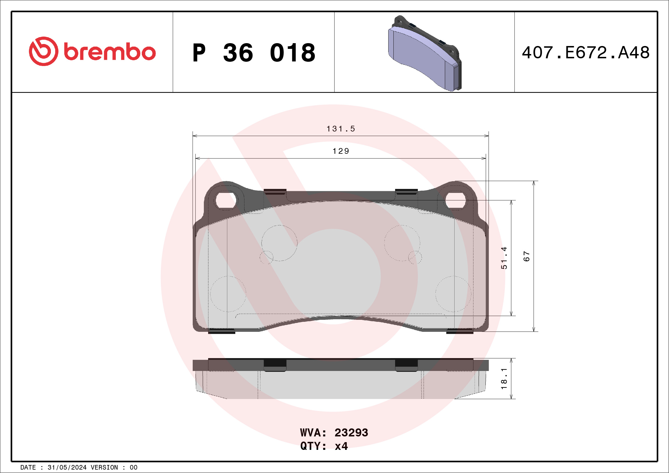 Jeu de 4 plaquettes de frein BREMBO ref. P 36 018