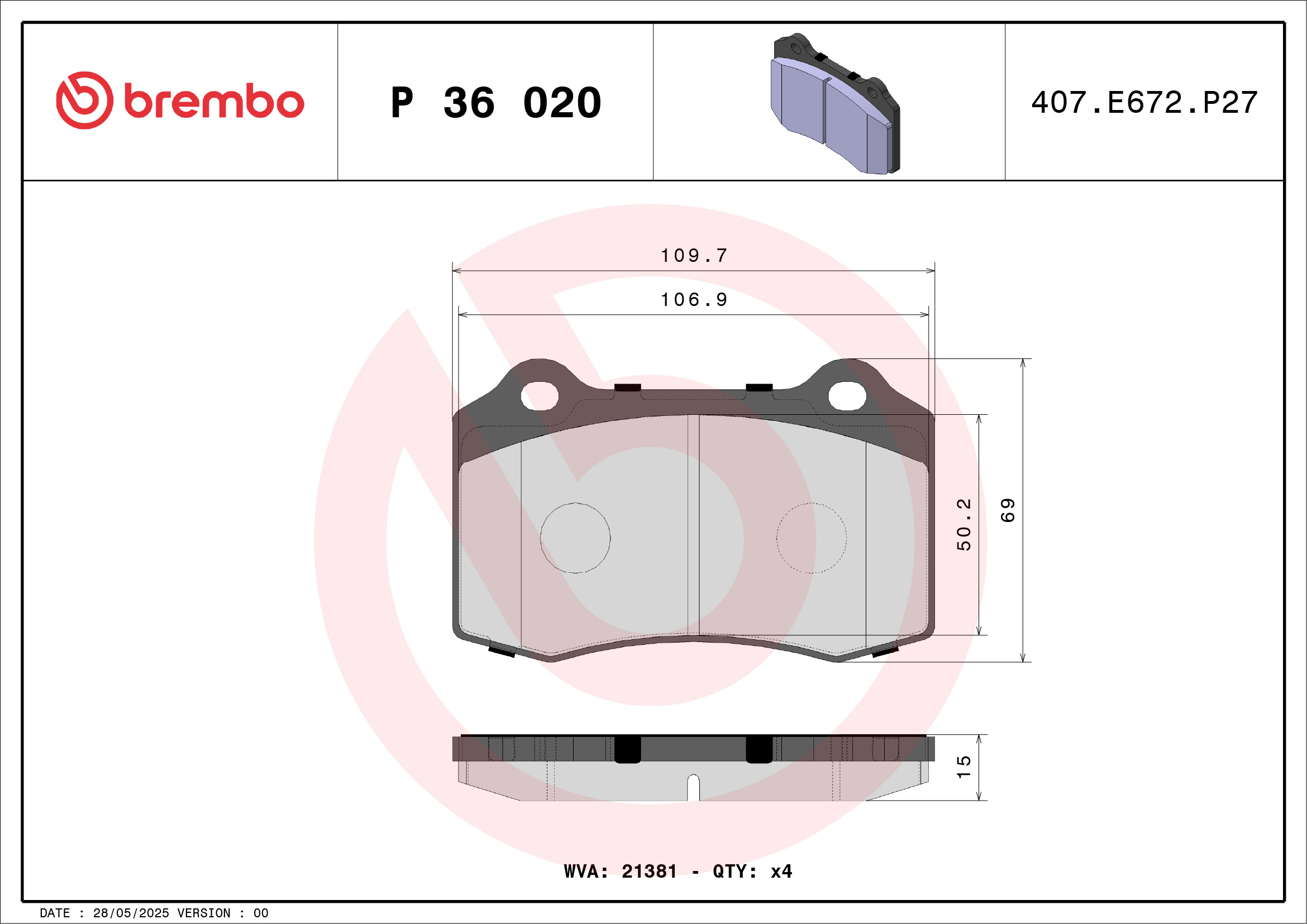 Jogo de 4 pastilhas de travão BREMBO ref. P 36 020
