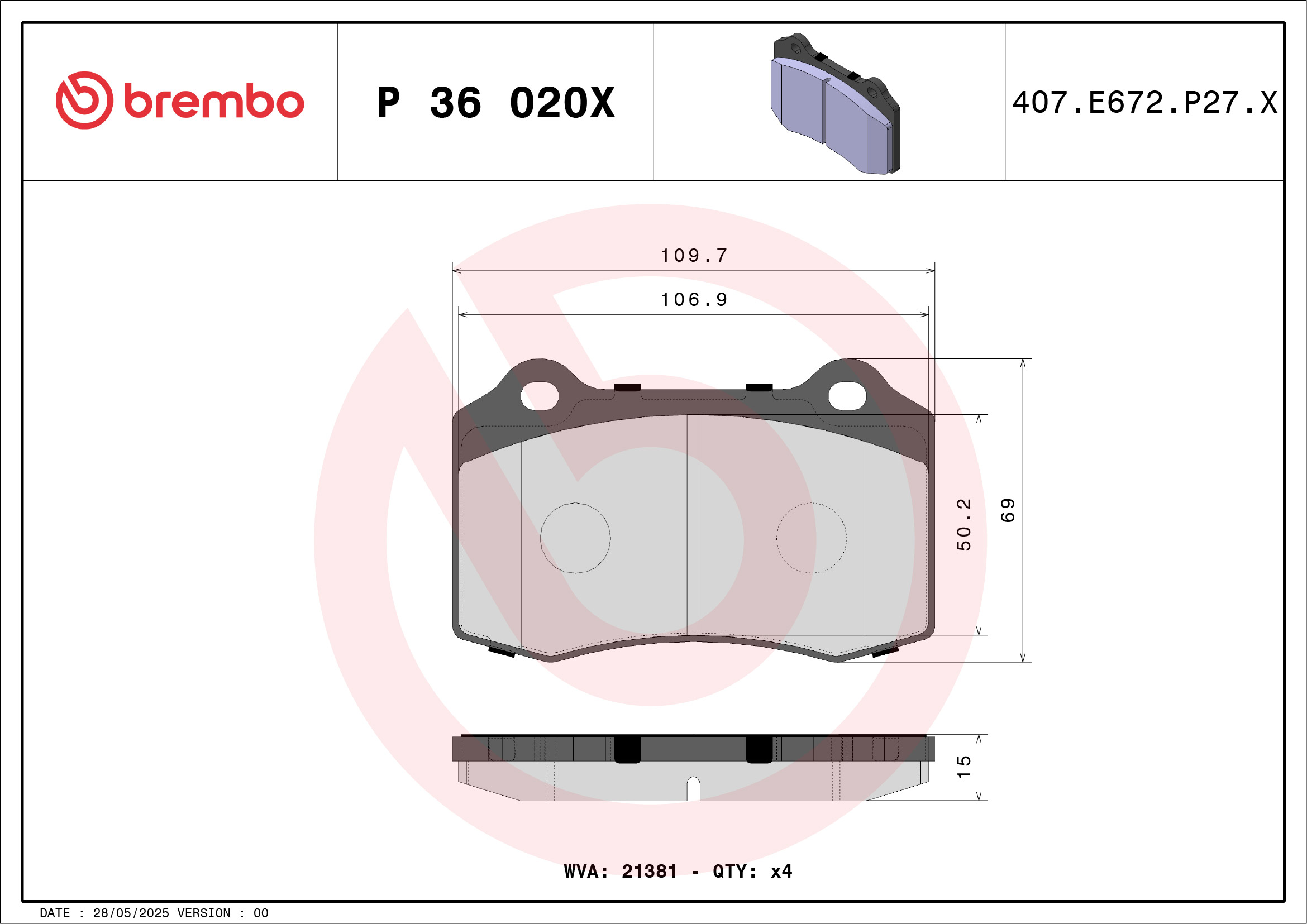 Jeu de 4 plaquettes de frein BREMBO ref. P 36 020X