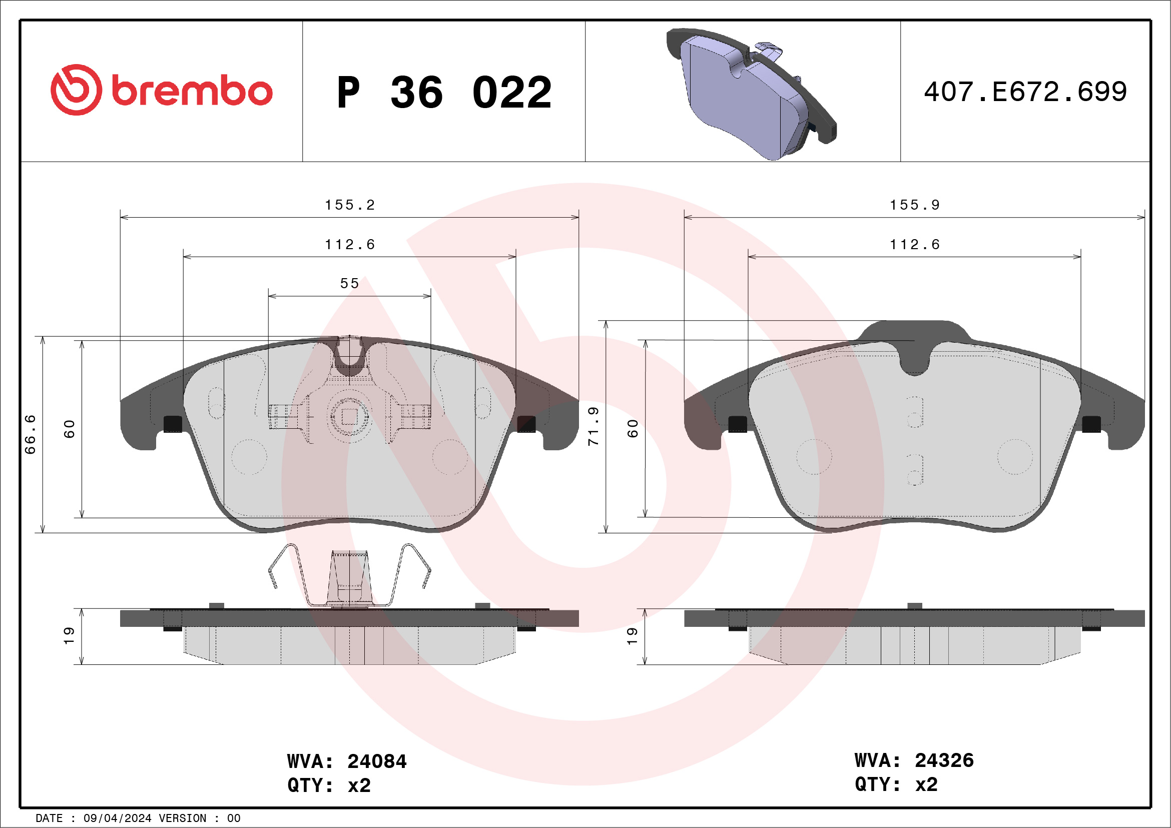 Jogo de 4 pastilhas de travão BREMBO ref. P 36 022