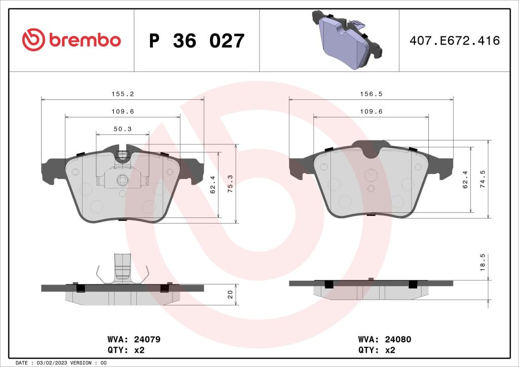 Jogo de 4 pastilhas de travão BREMBO ref. P 36 027