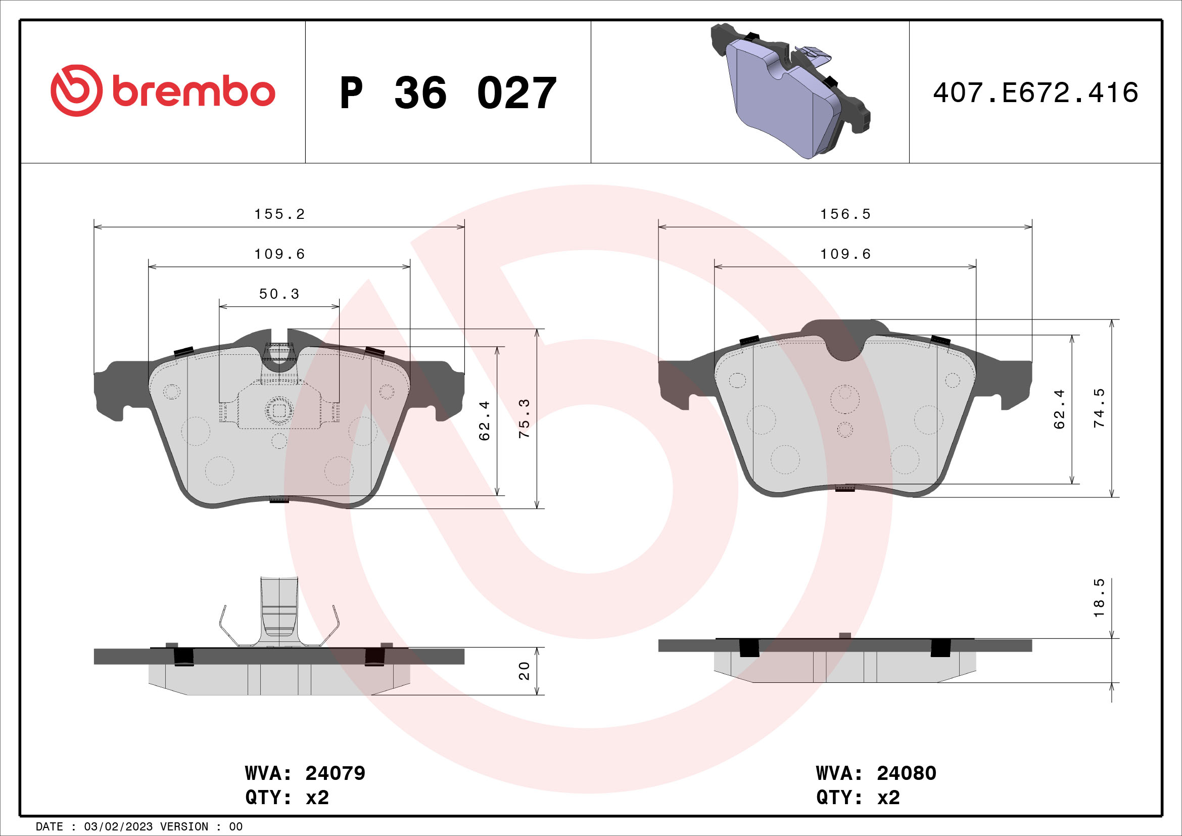 Jogo de 4 pastilhas de travão BREMBO ref. P 36 027