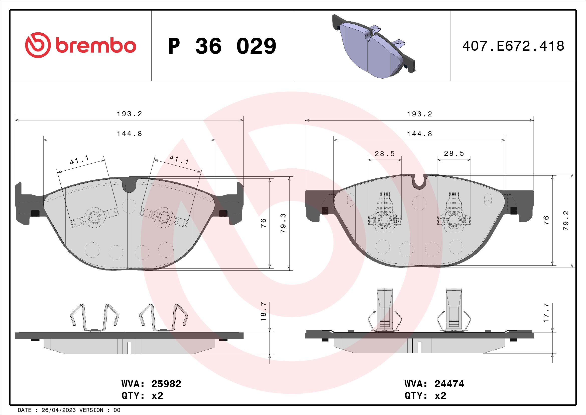 Jogo de 4 pastilhas de travão BREMBO ref. P 36 029