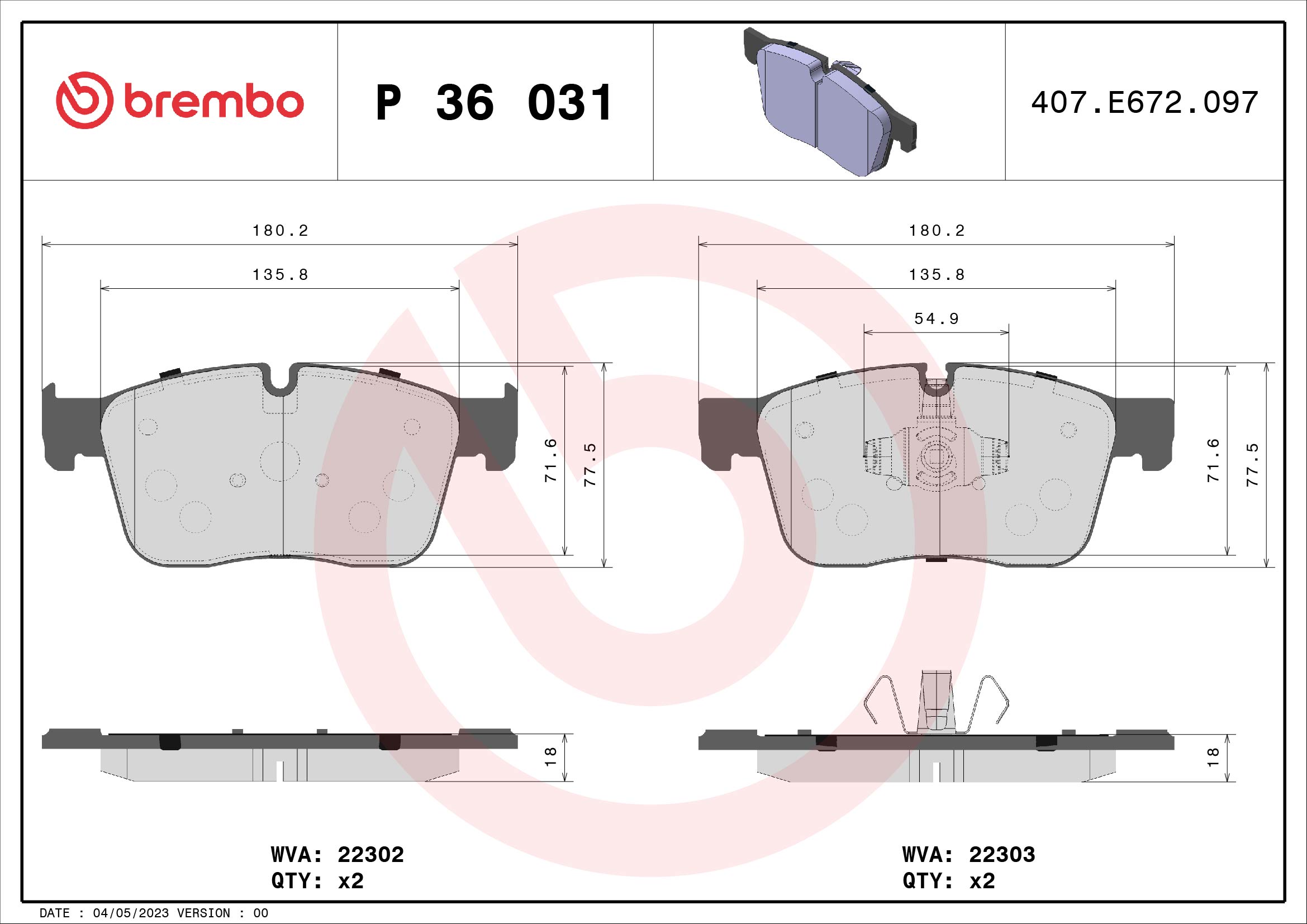 Jeu de 4 plaquettes de frein BREMBO ref. P 36 031