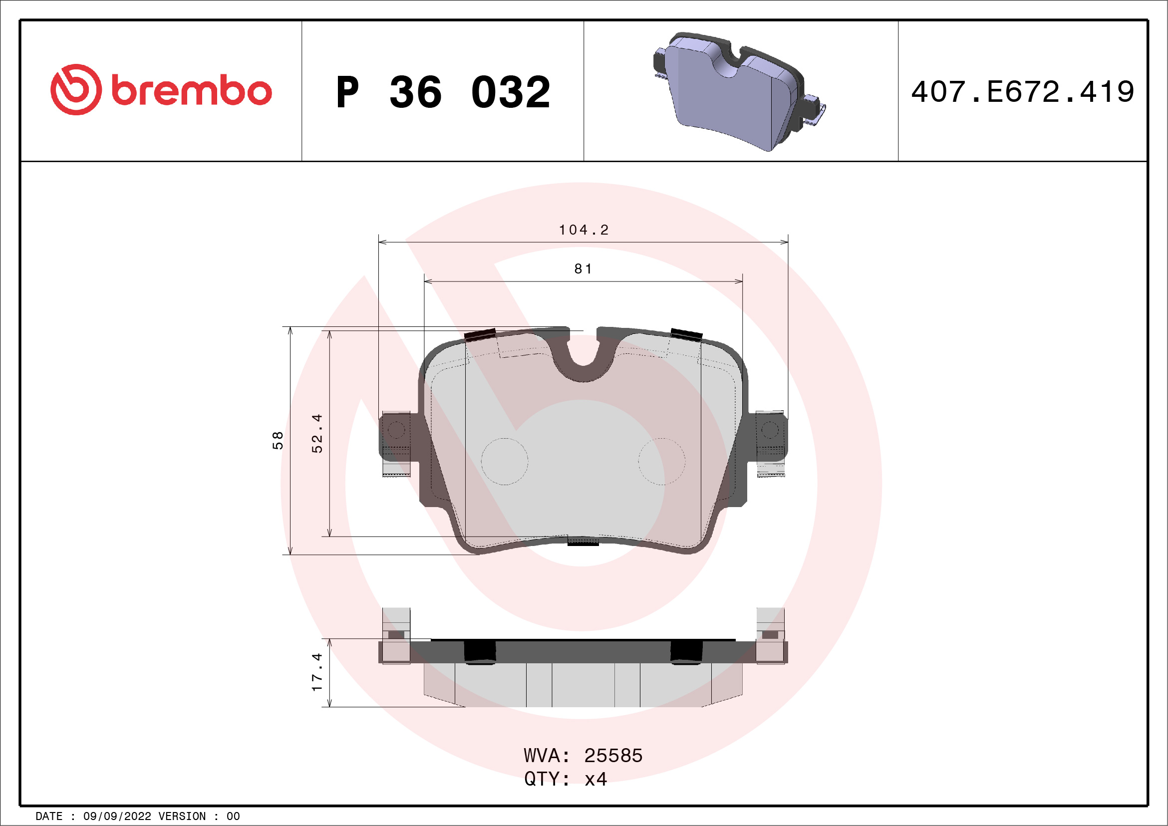 Juego de 4 pastillas de freno (Almohadilla de freno) BREMBO P 36 032