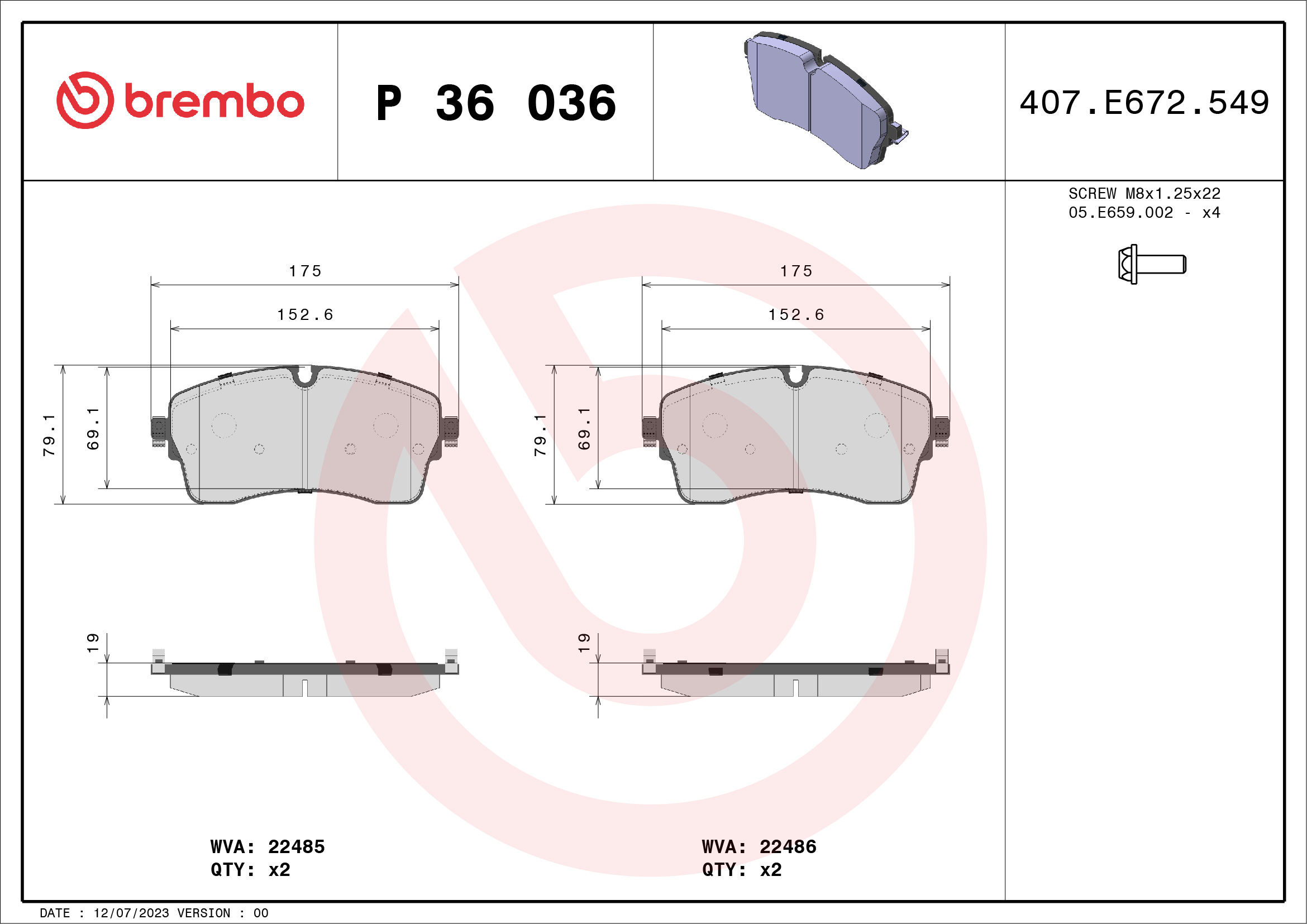 Jogo de 4 pastilhas de travão BREMBO ref. P 36 036