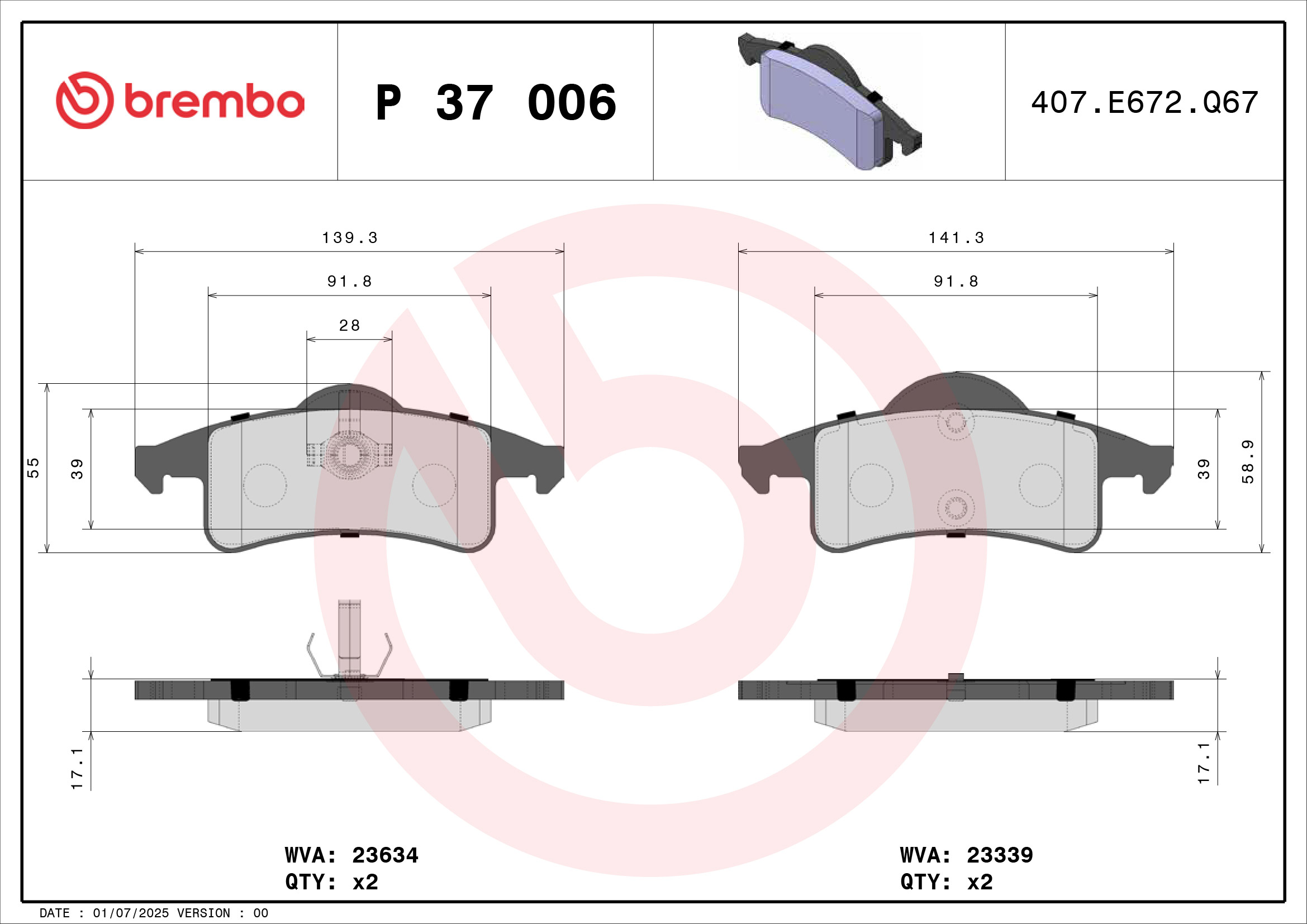 Jeu de 4 plaquettes de frein BREMBO ref. P 37 006