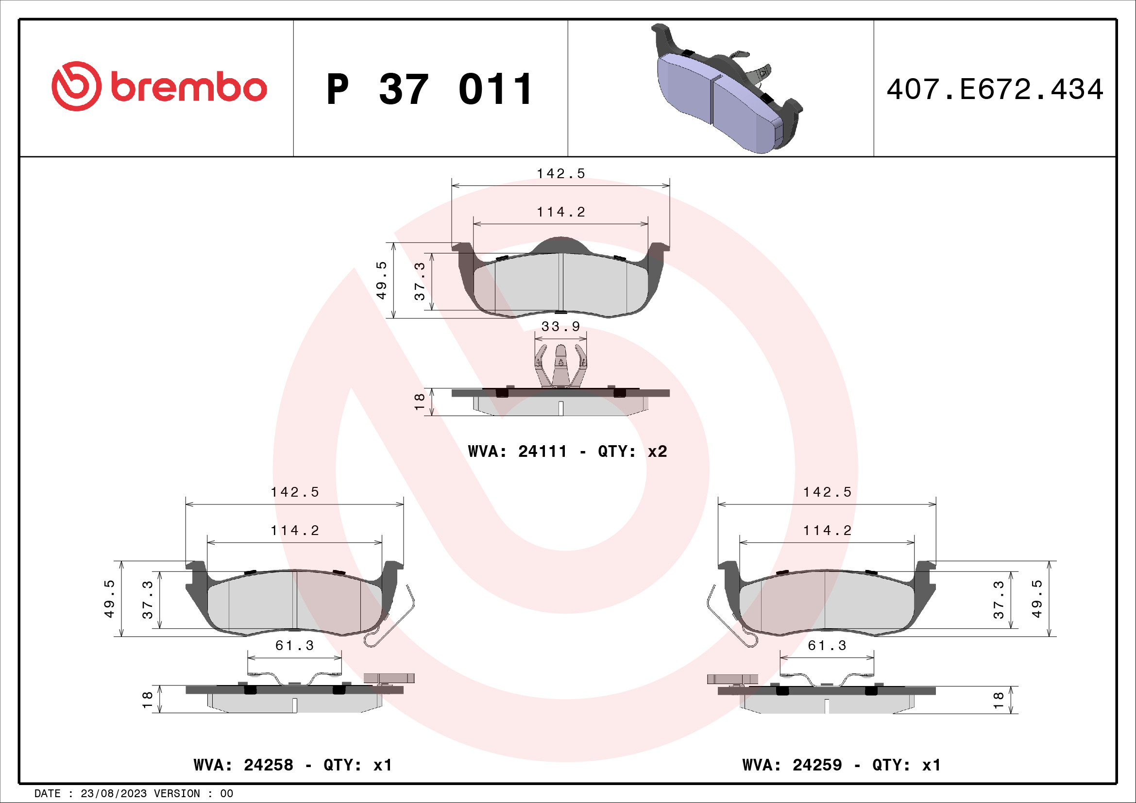 Jogo de 4 pastilhas de travão BREMBO ref. P 37 011
