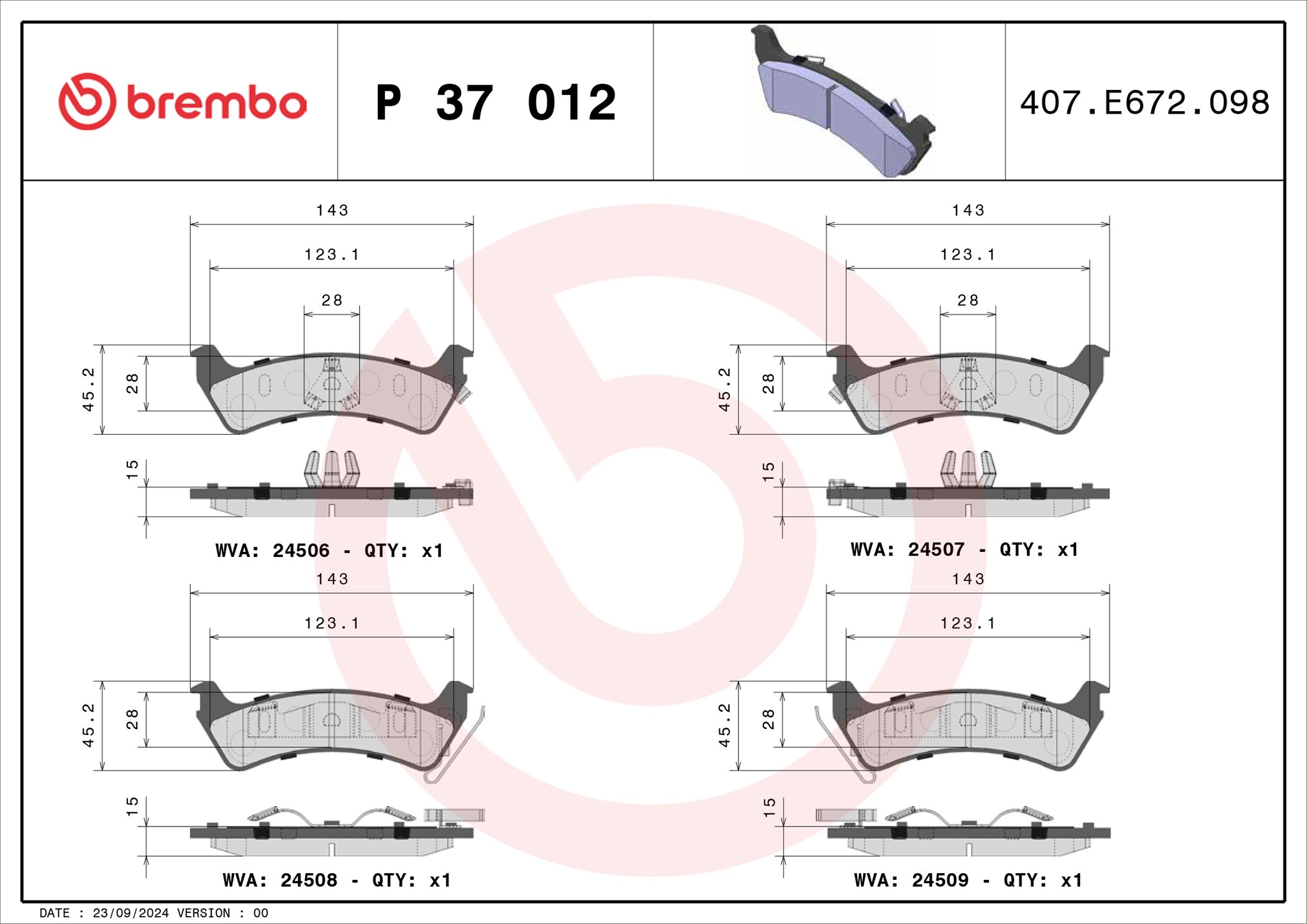 Jogo de 4 pastilhas de travão BREMBO ref. P 37 012