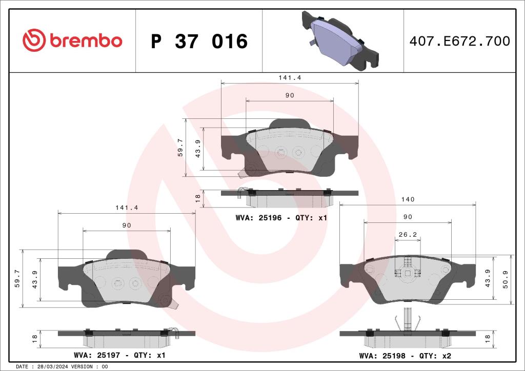 Jogo de 4 pastilhas de travão BREMBO ref. P 37 016