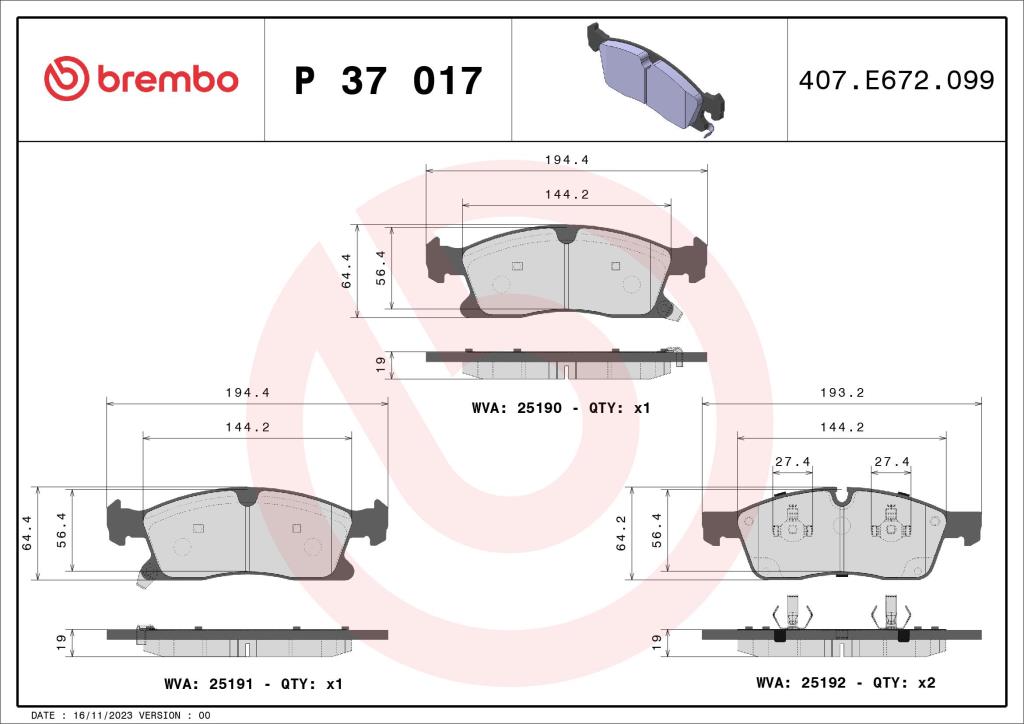 Jeu de 4 plaquettes de frein BREMBO ref. P 37 017