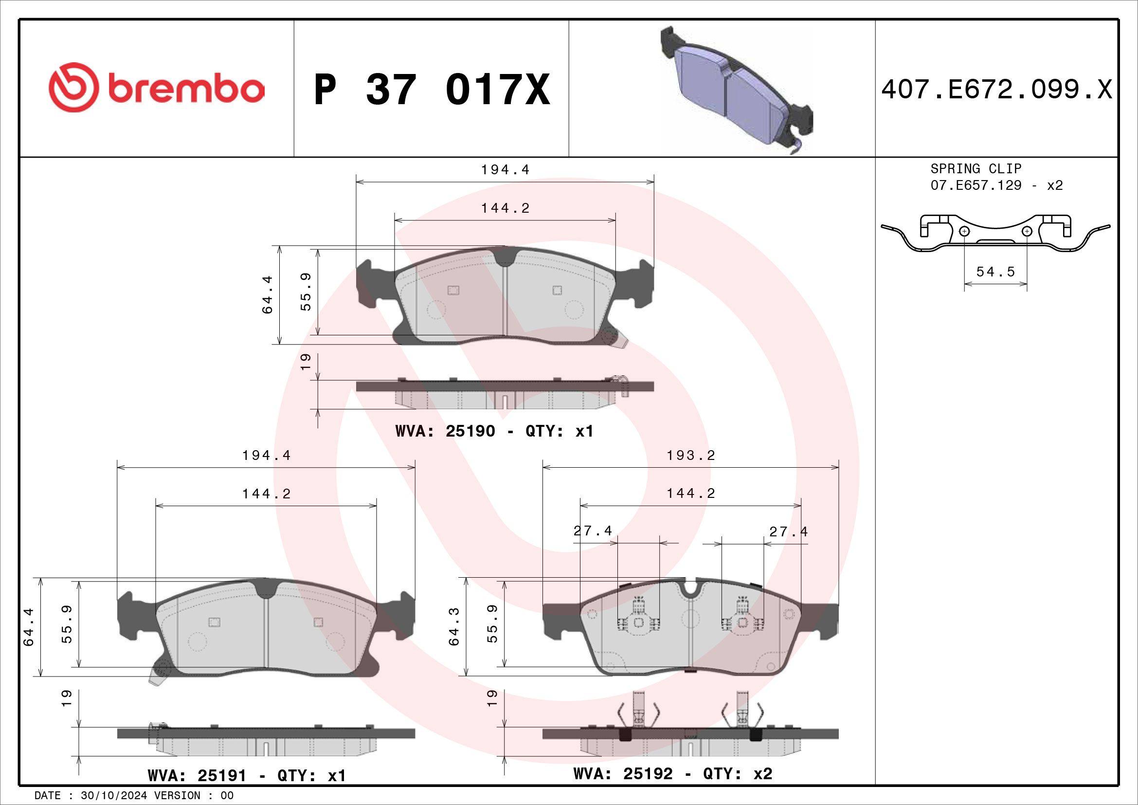 Jogo de 4 pastilhas de travão BREMBO ref. P 37 017X