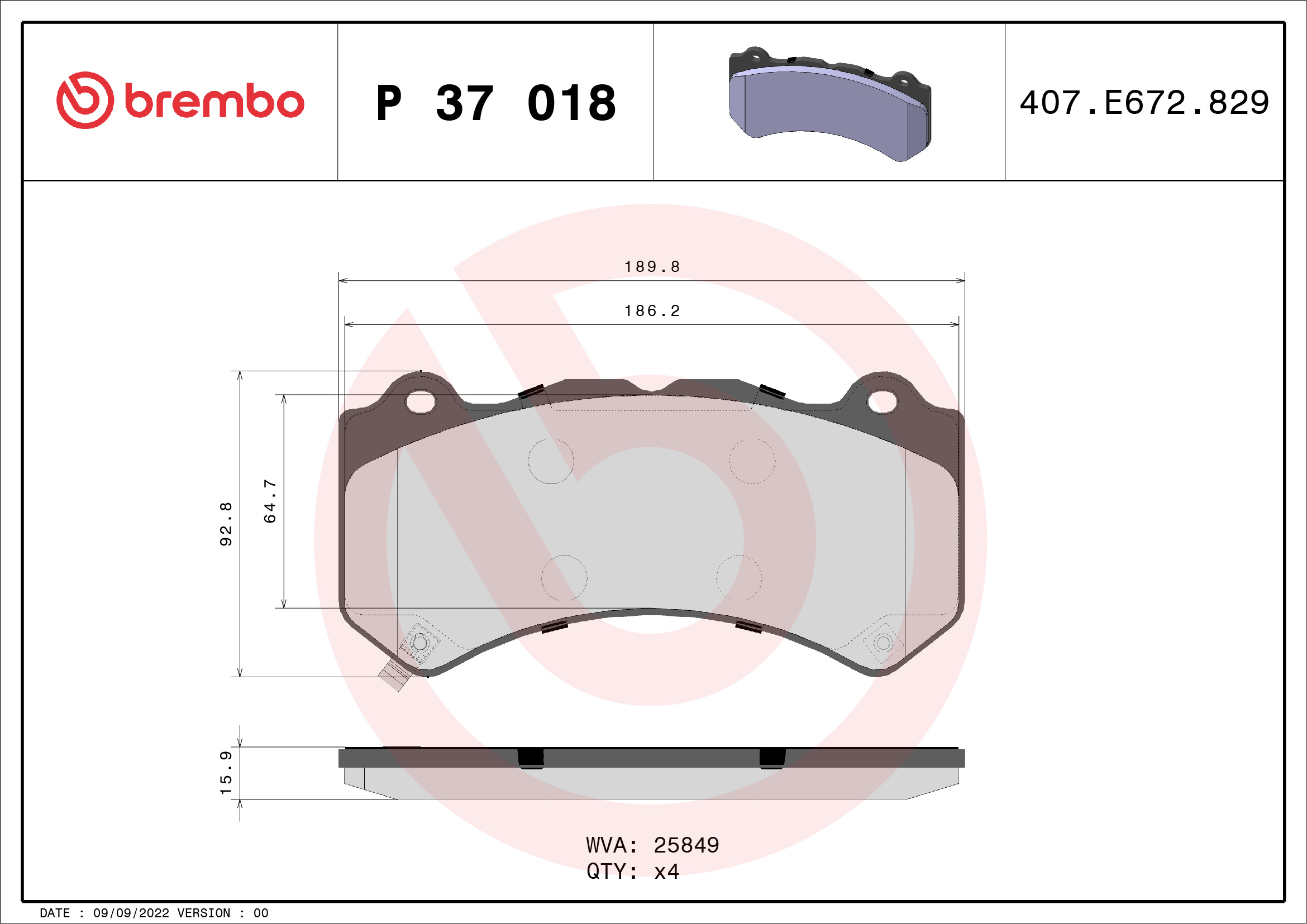 Jeu de 4 plaquettes de frein BREMBO ref. P 37 018