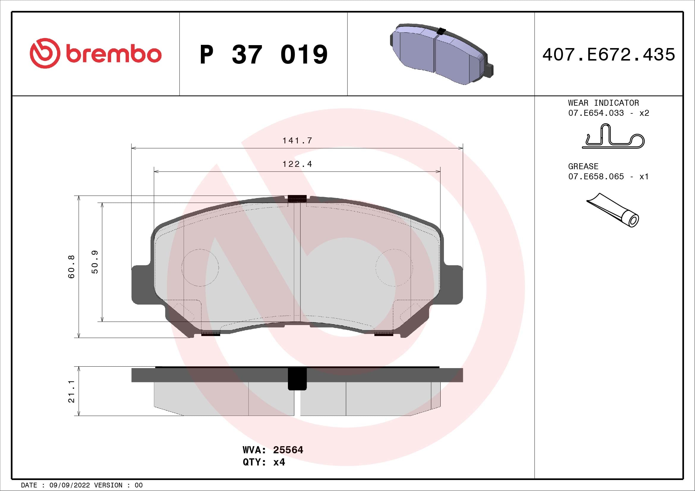 Jeu de 4 plaquettes de frein BREMBO ref. P 37 019