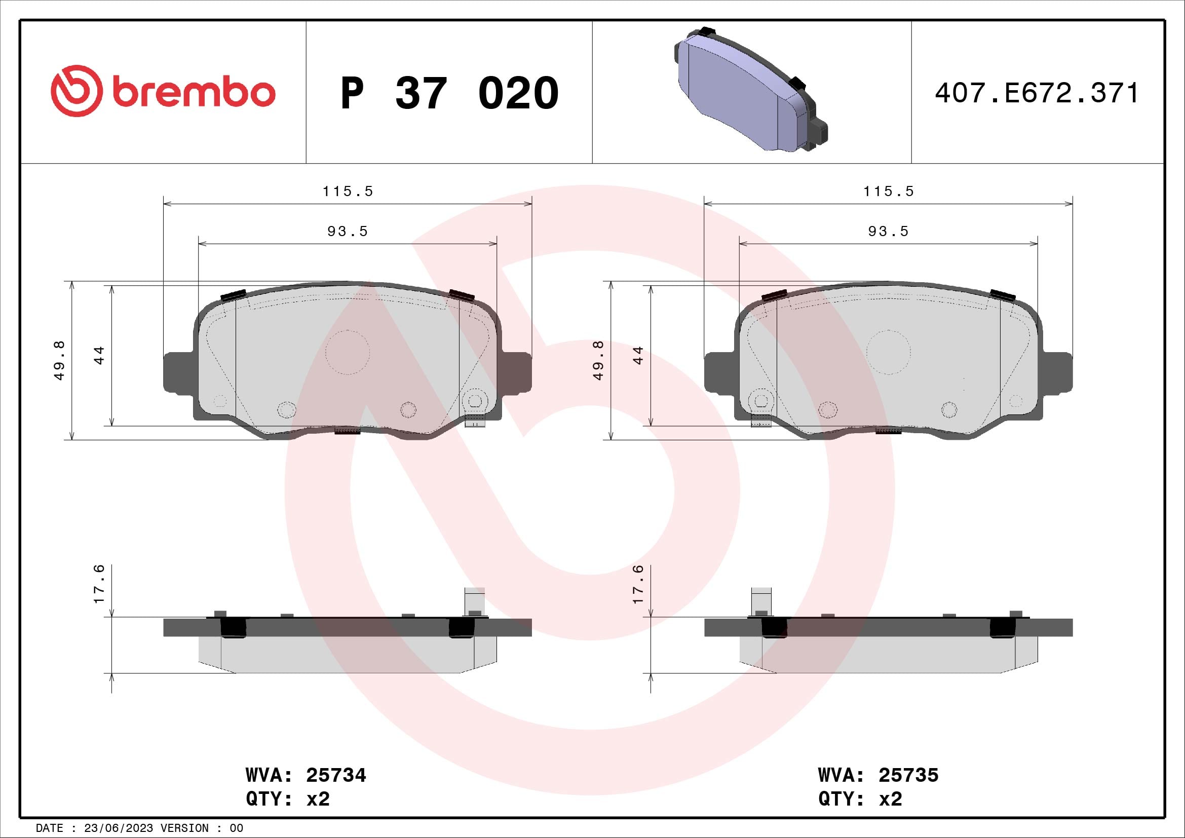 Jogo de 4 pastilhas de travão BREMBO ref. P 37 020